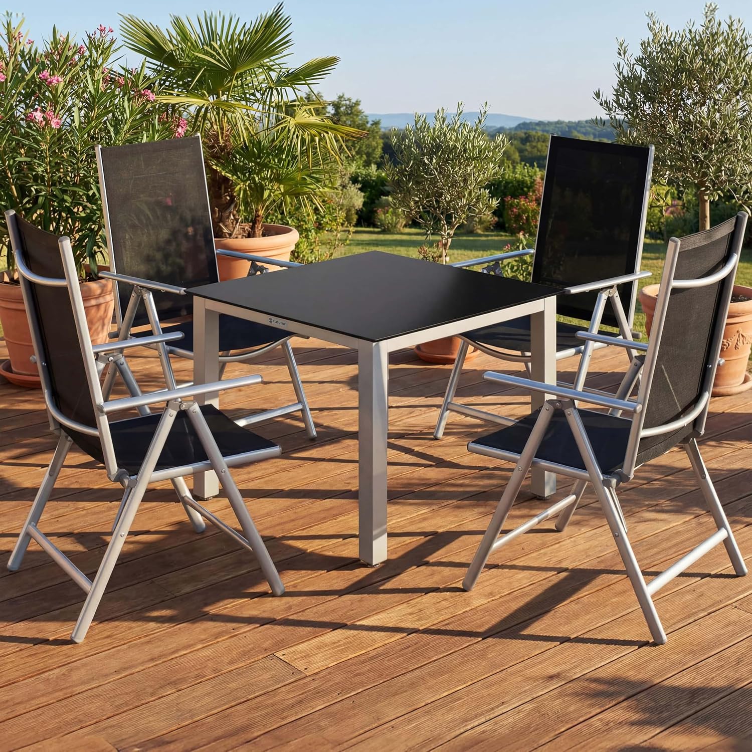 Casaria® Gartenmöbel Set 4 Stühle mit Tisch 90x90cm Aluminium Sicherheitsglas Wetterfest Klappbar Modern Terrasse Balkon Möbel Sitzgruppe Garnitur Bern — Ansicht 2