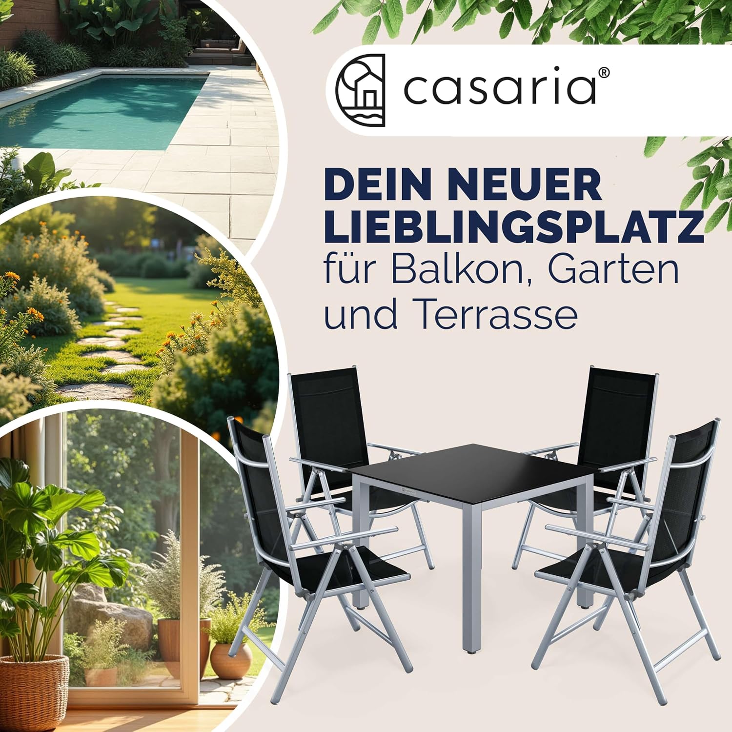 Casaria® Gartenmöbel Set 4 Stühle mit Tisch 90x90cm Aluminium Sicherheitsglas Wetterfest Klappbar Modern Terrasse Balkon Möbel Sitzgruppe Garnitur Bern — Ansicht 3