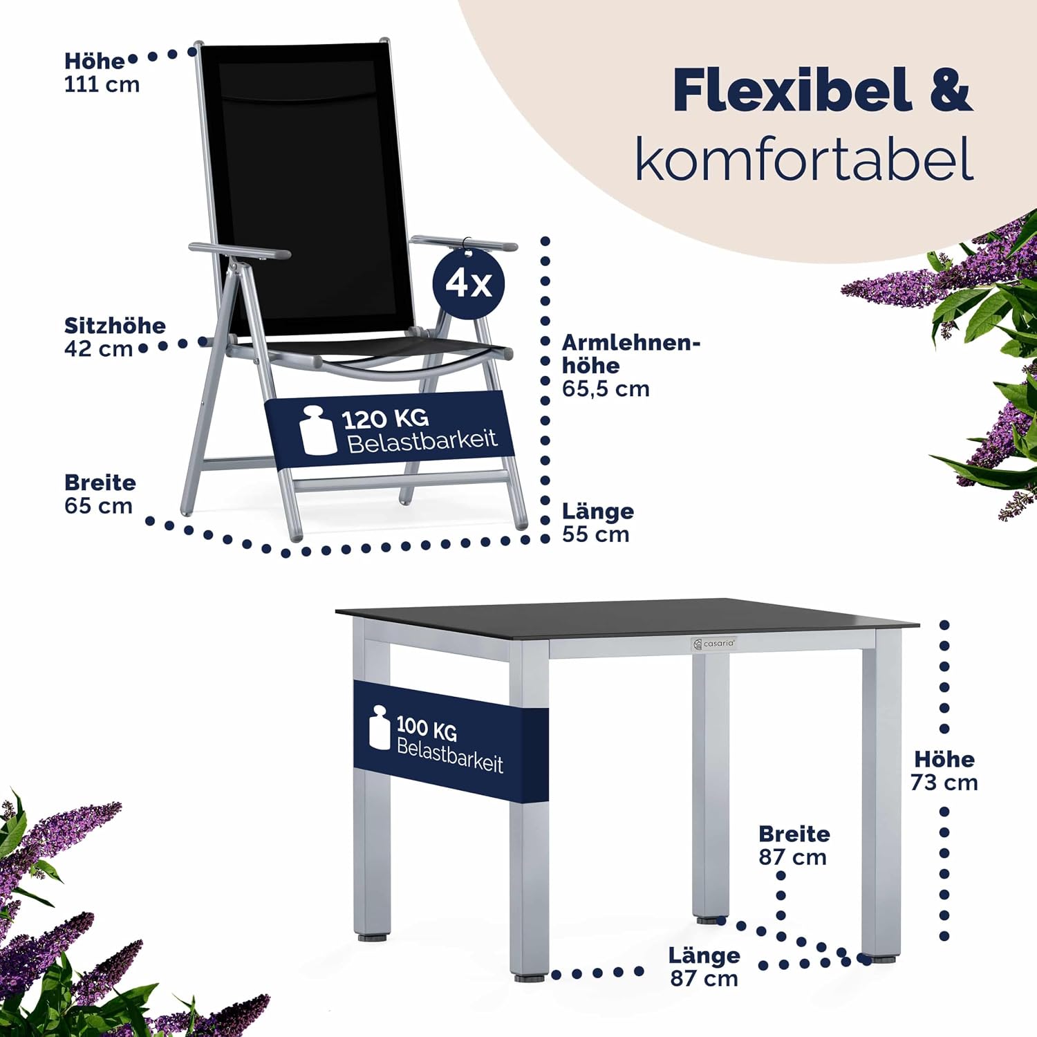 Casaria® Gartenmöbel Set 4 Stühle mit Tisch 90x90cm Aluminium Sicherheitsglas Wetterfest Klappbar Modern Terrasse Balkon Möbel Sitzgruppe Garnitur Bern — Ansicht 4