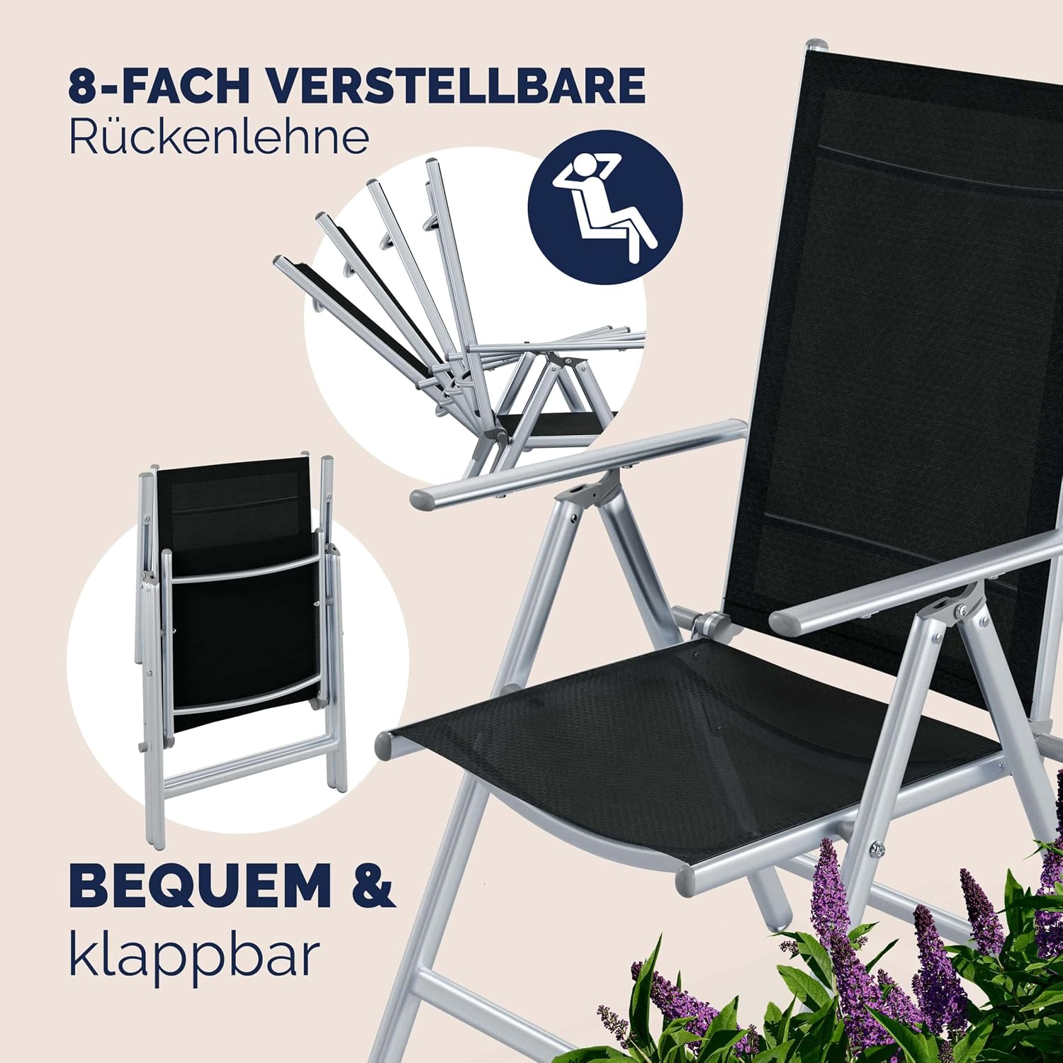 Casaria® Gartenmöbel Set 4 Stühle mit Tisch 90x90cm Aluminium Sicherheitsglas Wetterfest Klappbar Modern Terrasse Balkon Möbel Sitzgruppe Garnitur Bern — Ansicht 5