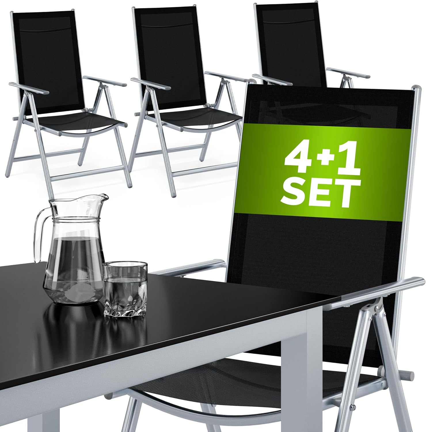 Casaria® Gartenmöbel Set 4 Stühle mit Tisch 90x90cm Aluminium Sicherheitsglas Wetterfest Klappbar Modern Terrasse Balkon Möbel Sitzgruppe Garnitur Bern