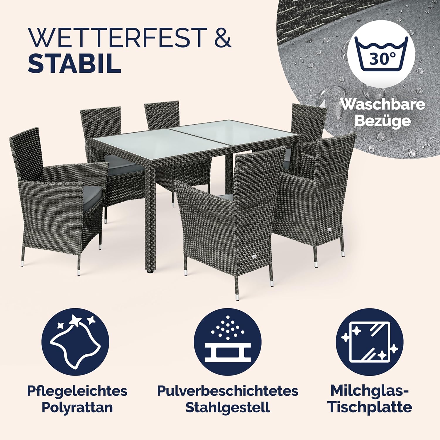 Casaria® Gartenmöbel Set 6 Personen Stühle inkl. 7cm Polster Tisch 150x90cm Balkonmöbel 160kg Belastbar Wetterfest Polyrattan Stapelbar Terrasse Möbel Grau — Ansicht 3