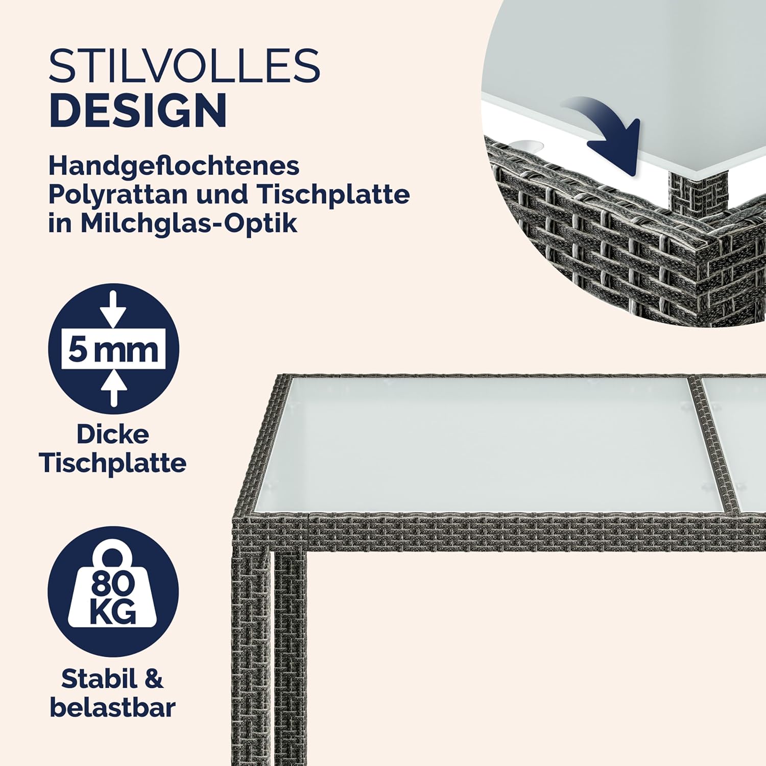 Casaria® Gartenmöbel Set 6 Personen Stühle inkl. 7cm Polster Tisch 150x90cm Balkonmöbel 160kg Belastbar Wetterfest Polyrattan Stapelbar Terrasse Möbel Grau — Ansicht 4