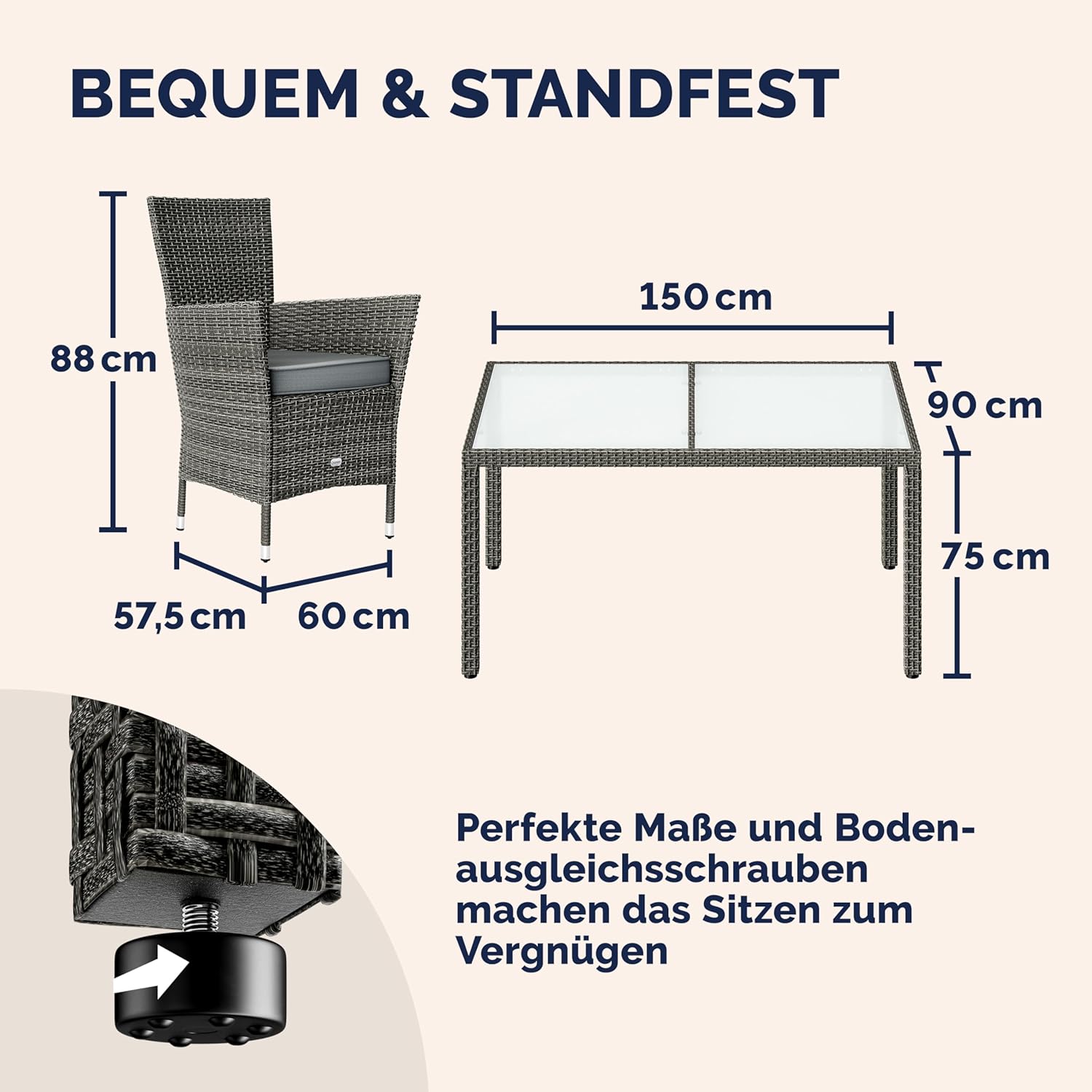 Casaria® Gartenmöbel Set 6 Personen Stühle inkl. 7cm Polster Tisch 150x90cm Balkonmöbel 160kg Belastbar Wetterfest Polyrattan Stapelbar Terrasse Möbel Grau — Ansicht 5
