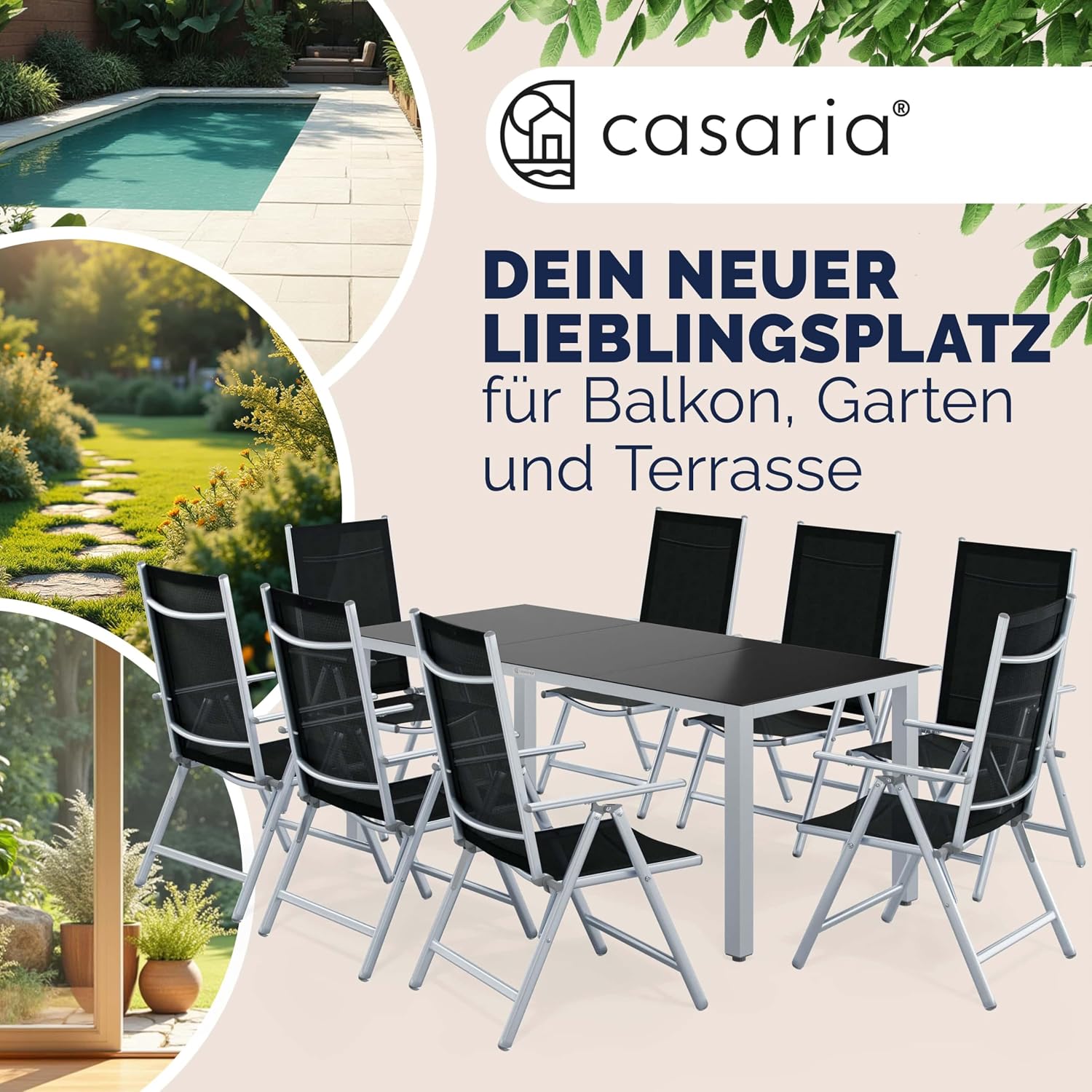 Casaria® Gartenmöbel Set 8 Stühle mit Tisch 190x90cm Aluminium Sicherheitsglas Wetterfest Klappbar Modern Terrasse Balkon Möbel Sitzgruppe Garnitur Bern — Ansicht 3