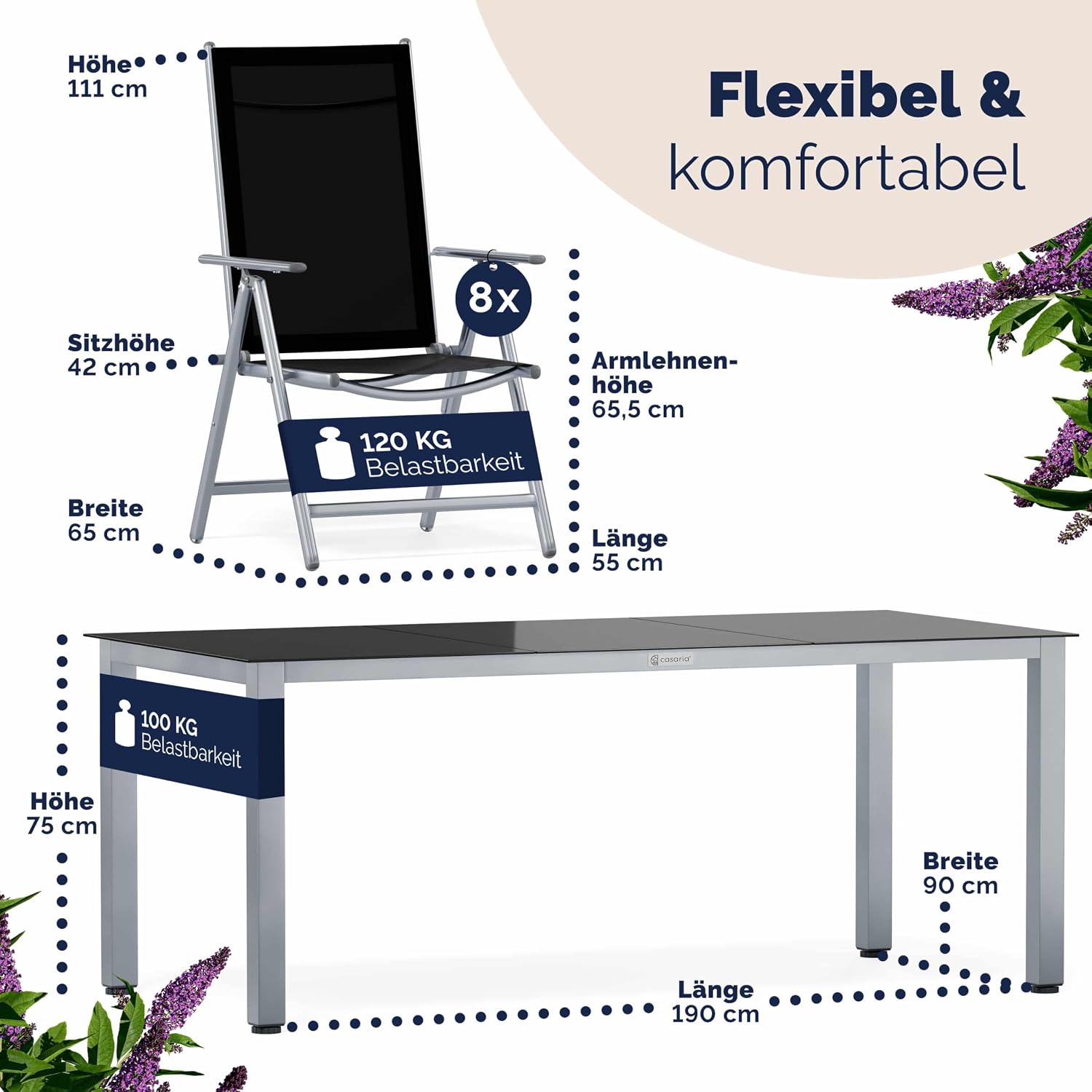 Casaria® Gartenmöbel Set 8 Stühle mit Tisch 190x90cm Aluminium Sicherheitsglas Wetterfest Klappbar Modern Terrasse Balkon Möbel Sitzgruppe Garnitur Bern — Ansicht 4