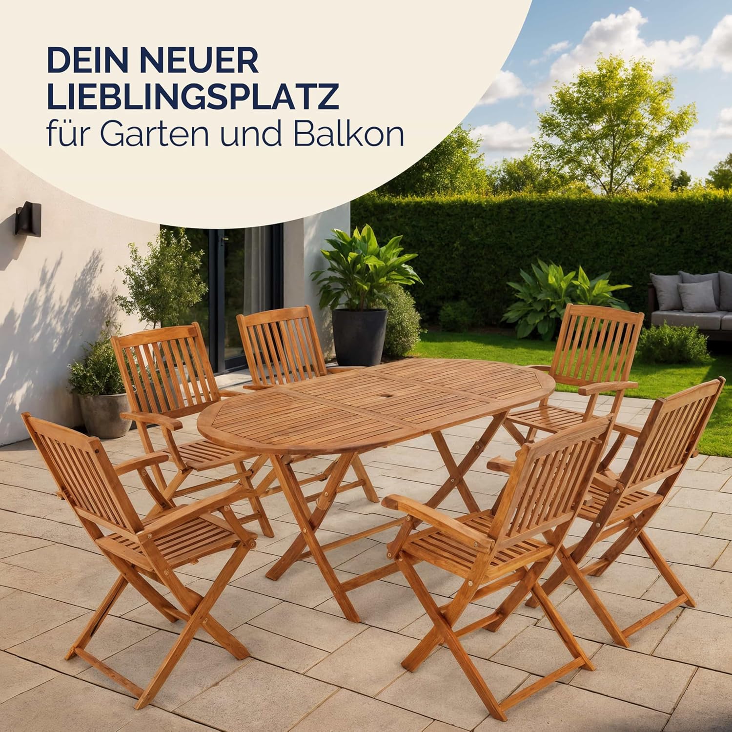 Casaria® Gartenmöbel Set Holz Wetterfest Klappbar 7-TLG. Schirmständer Armlehnen Garten Balkon Terrasse 160x85cm Akazie Braun — Ansicht 2