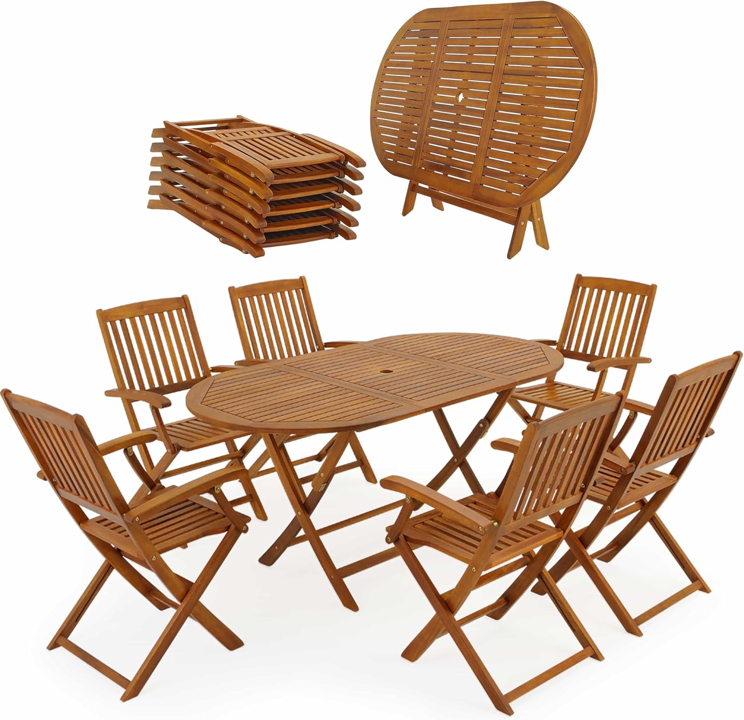 Casaria® Gartenmöbel Set Holz Wetterfest Klappbar 7-TLG. Schirmständer Armlehnen Garten Balkon Terrasse 160x85cm Akazie Braun