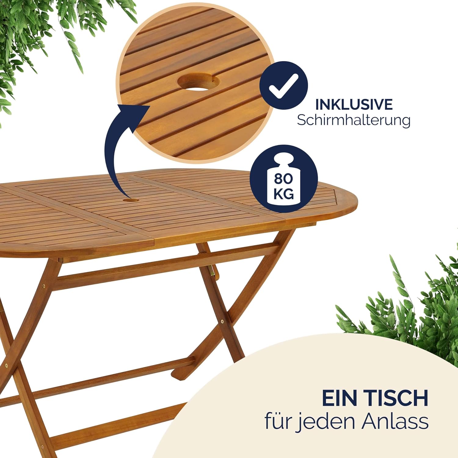 Casaria® Gartenmöbel Set Holz Wetterfest Klappbar 7-TLG. Schirmständer Armlehnen Garten Balkon Terrasse 160x85cm Akazie Braun — Ansicht 5