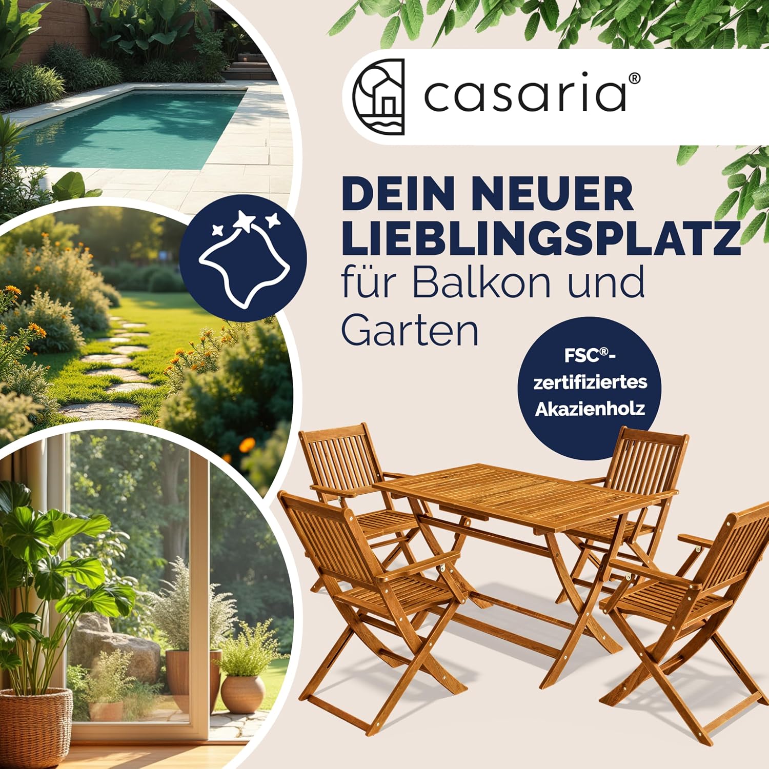 Casaria® Gartenmöbel Set Wetterfest Klappbar Akazie 5-TLG. FSC®-Zertifiziert Holz Armlehne 160kg Belastbarkeit Garten Terrasse Balkonmöbel 120x70cm Möbelset 4 Personen — Ansicht 2