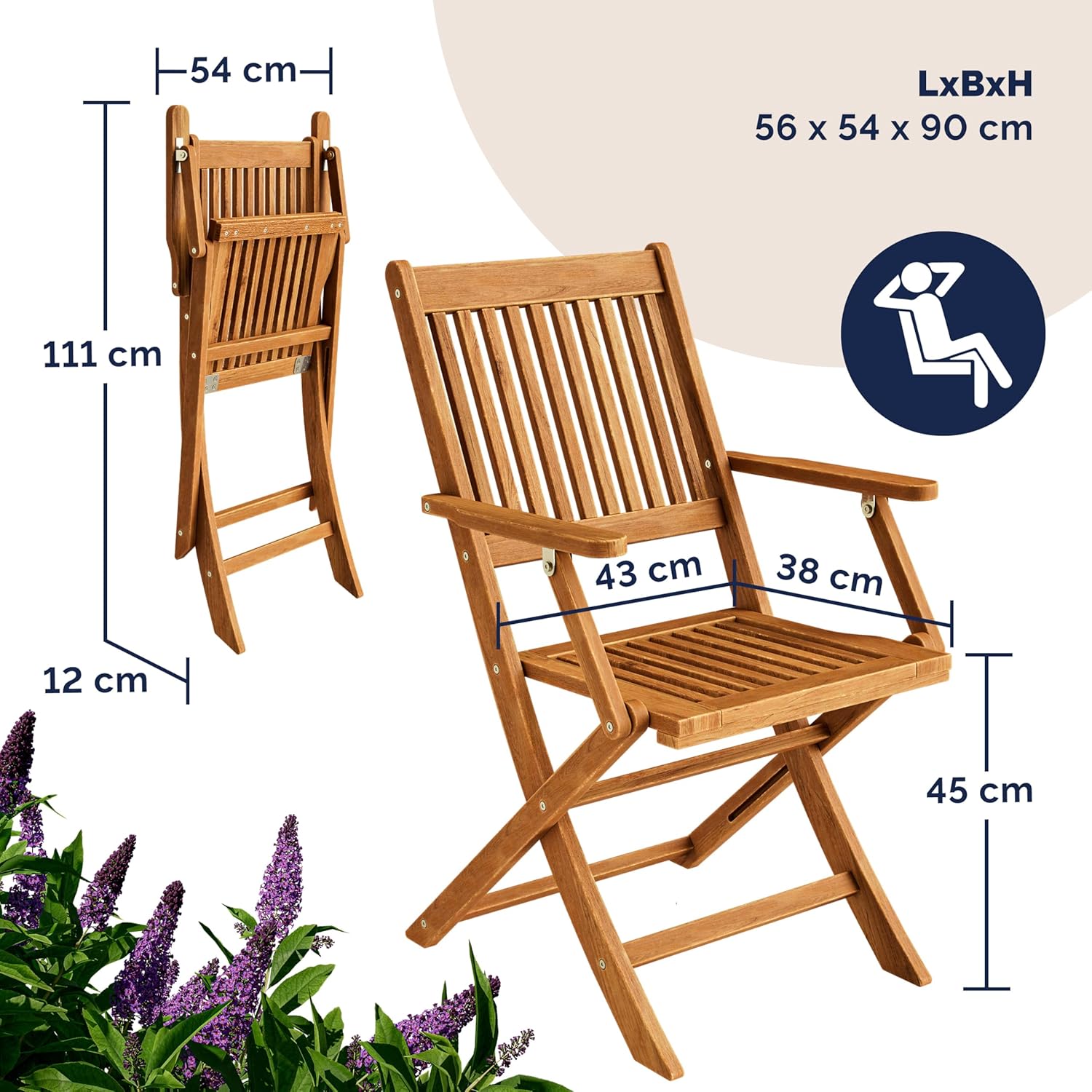 Casaria® Gartenmöbel Set Wetterfest Klappbar Akazie 5-TLG. FSC®-Zertifiziert Holz Armlehne 160kg Belastbarkeit Garten Terrasse Balkonmöbel 120x70cm Möbelset 4 Personen — Ansicht 6