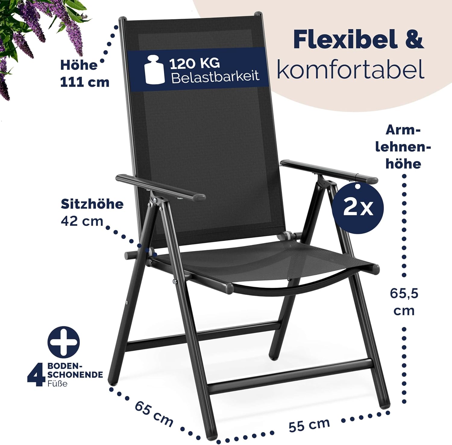 Casaria® Gartenstühle 2er Set Hochlehner Klappbar 8-Fach Verstellbar Camping Stuhl Aluminium Wetterfest Klappstuhl 120kg Belastbarkeit Garten Balkon — Ansicht 3