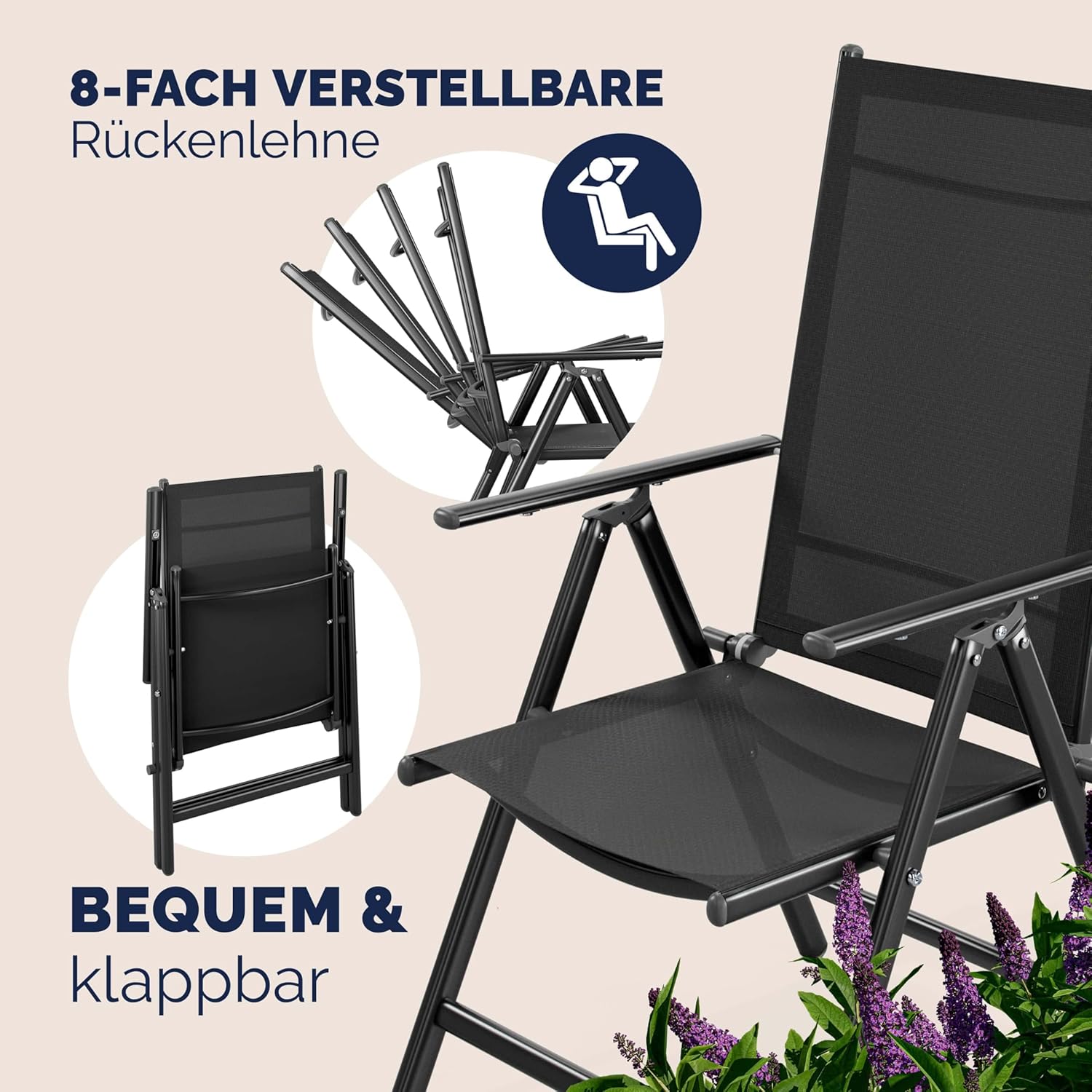 Casaria® Gartenstühle 2er Set Hochlehner Klappbar 8-Fach Verstellbar Camping Stuhl Aluminium Wetterfest Klappstuhl 120kg Belastbarkeit Garten Balkon — Ansicht 4