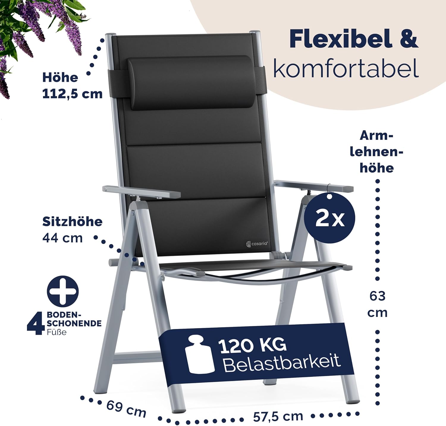 Casaria® Gartenstühle 2er Set Klappbar Gepolstert Alu 8- Fach Verstellbar 120 kg Belastbarkeit Wetterfest Outdoor Balkon Camping Hochlehner Klappstuhl — Ansicht 5