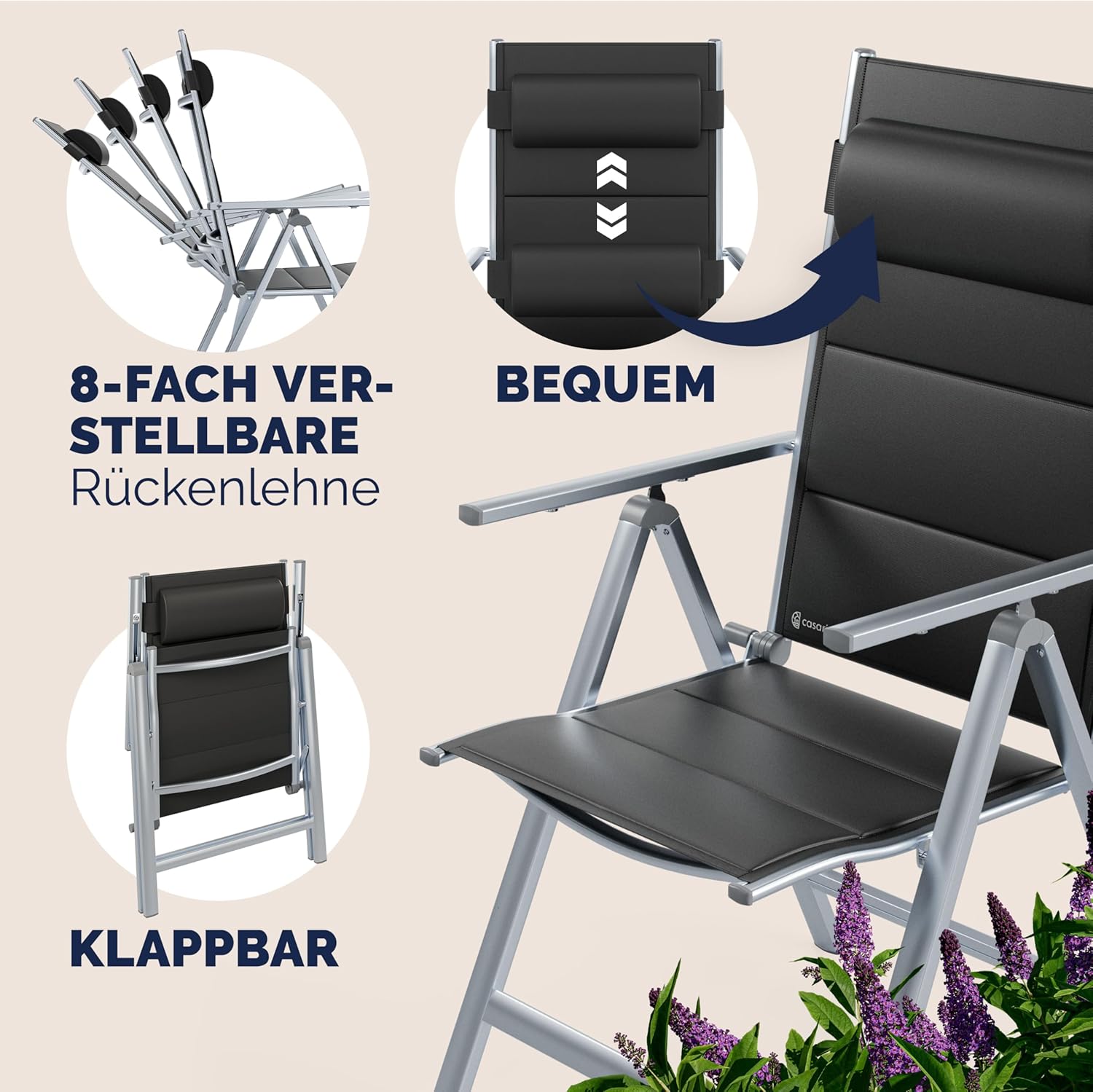 Casaria® Gartenstühle 2er Set Klappbar Gepolstert Alu 8- Fach Verstellbar 120 kg Belastbarkeit Wetterfest Outdoor Balkon Camping Hochlehner Klappstuhl — Ansicht 6