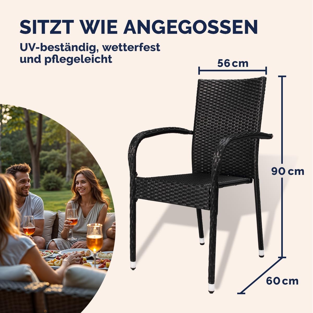 Casaria® Gartenstühle 4er Set Stapelbar Wetterfest Polyrattan Outdoor 160kg Garten Terrasse Balkon Stuhl mit Armlehne Gartensessel Stapelstühle Schwarz — Ansicht 2