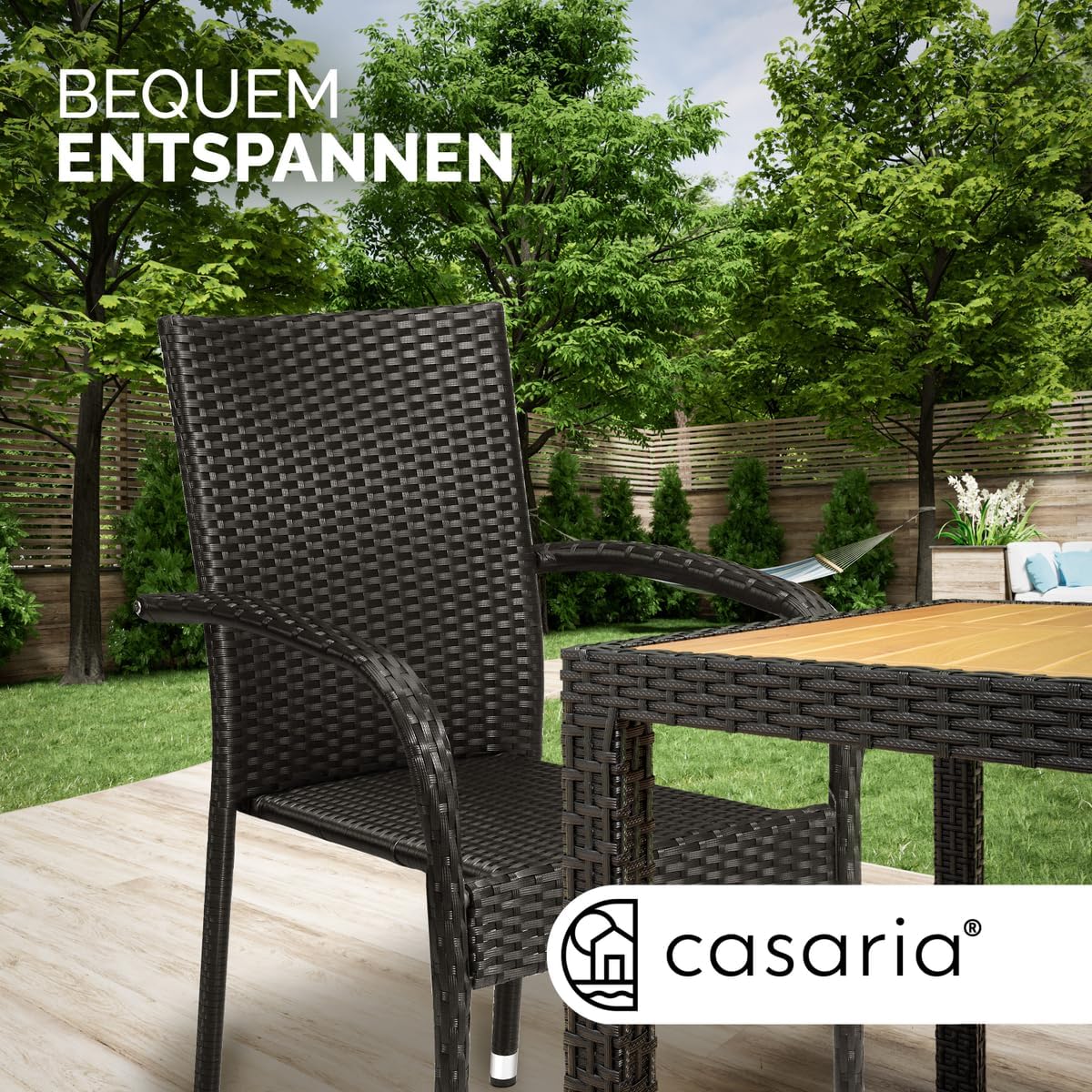 Casaria® Gartenstühle 4er Set Stapelbar Wetterfest Polyrattan Outdoor 160kg Garten Terrasse Balkon Stuhl mit Armlehne Gartensessel Stapelstühle Schwarz — Ansicht 4