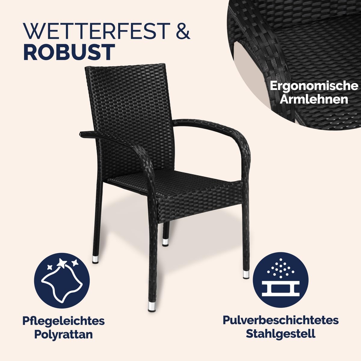 Casaria® Gartenstühle 4er Set Stapelbar Wetterfest Polyrattan Outdoor 160kg Garten Terrasse Balkon Stuhl mit Armlehne Gartensessel Stapelstühle Schwarz — Ansicht 5