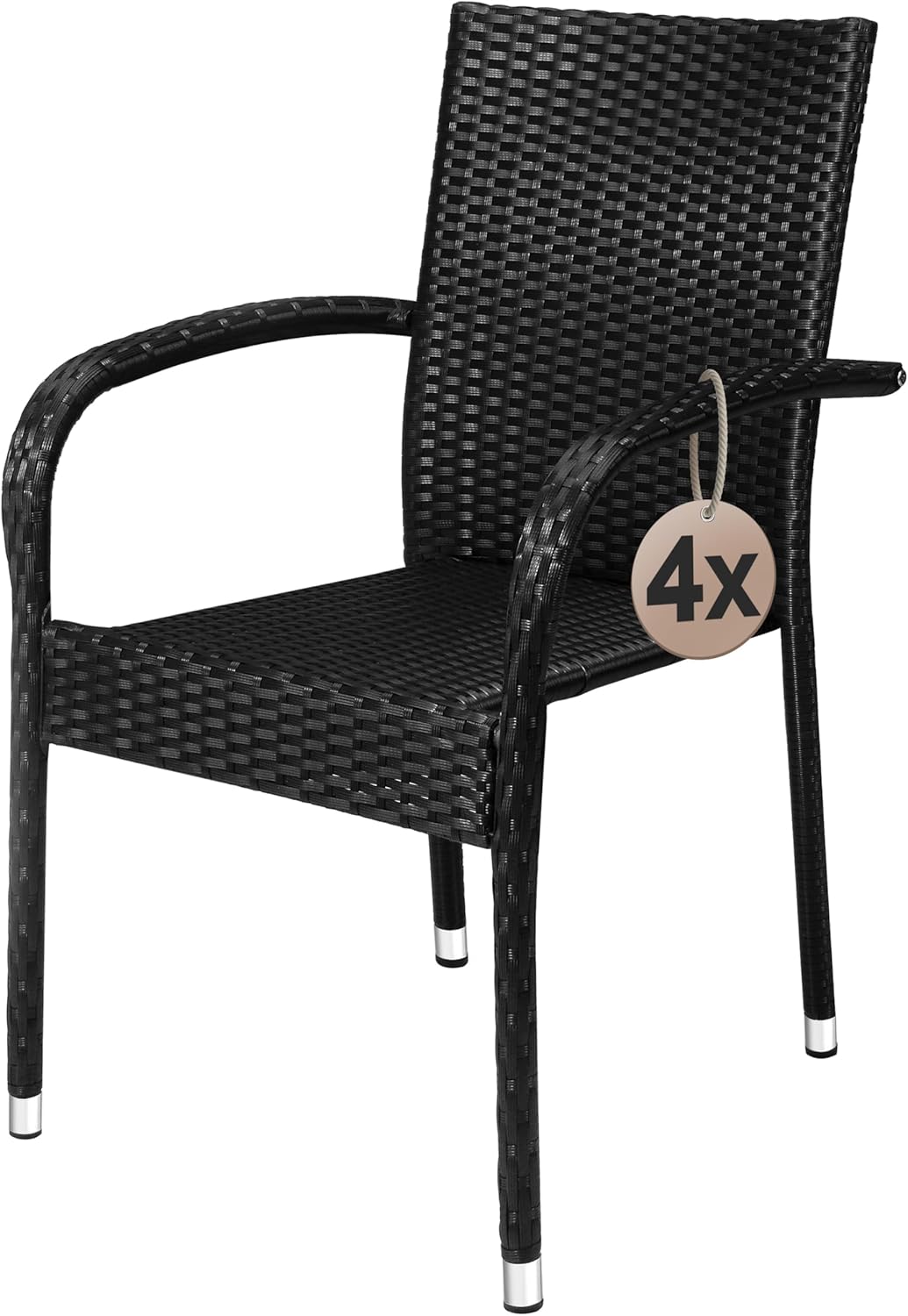Casaria® Gartenstühle 4er Set Stapelbar Wetterfest Polyrattan Outdoor 160kg Garten Terrasse Balkon Stuhl mit Armlehne Gartensessel Stapelstühle Schwarz