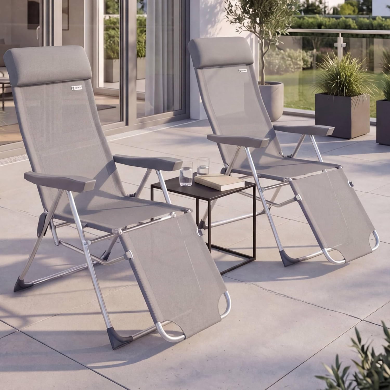 Casaria® Gartenstuhl mit Fußteil 2er Set 6fach Verstellbar Liegefunktion Alu Faltbar Klappbar Hohe Rückenlehne Campingstuhl Klappstuhl Hochlehner Grau — Ansicht 2