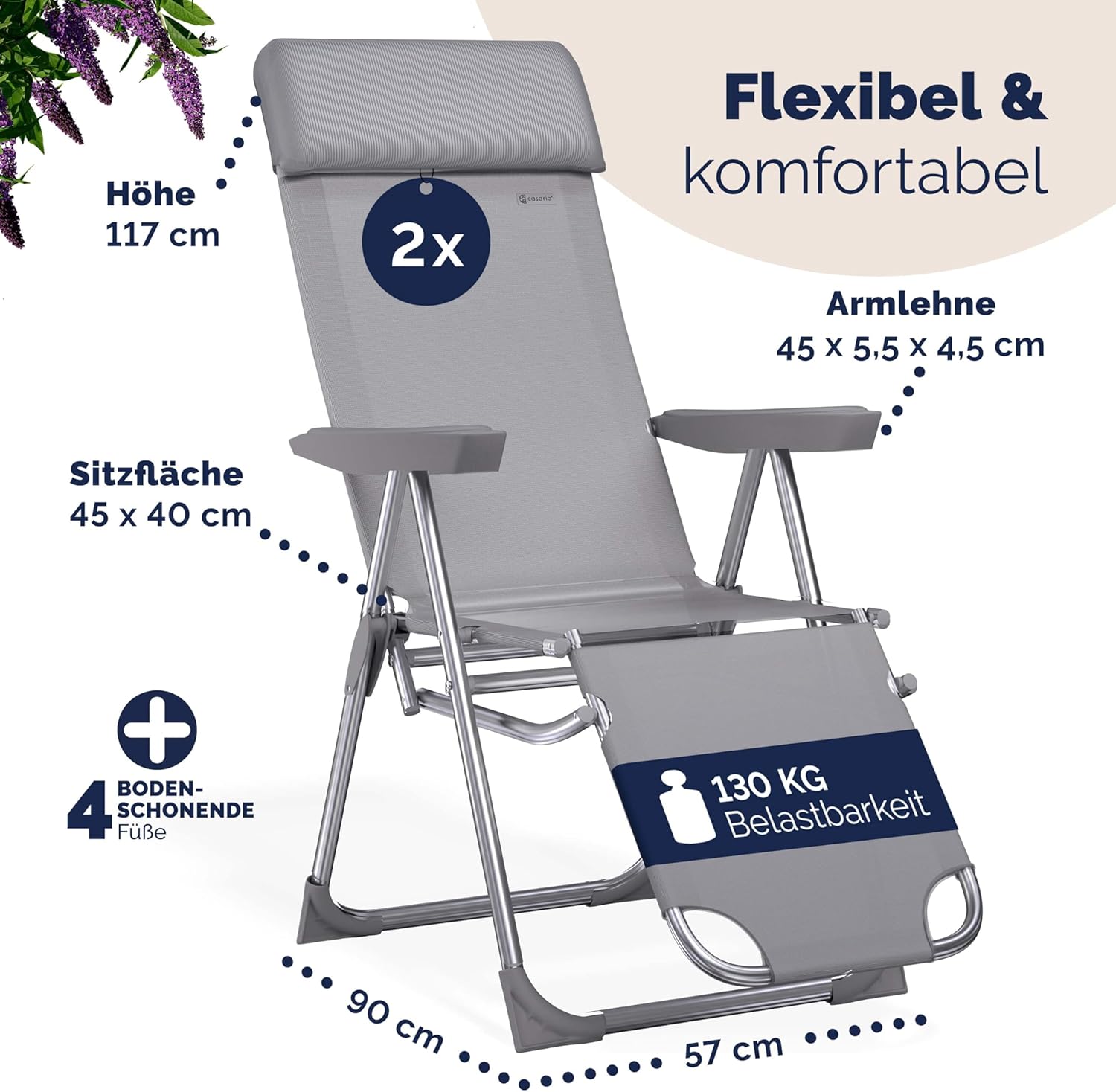 Casaria® Gartenstuhl mit Fußteil 2er Set 6fach Verstellbar Liegefunktion Alu Faltbar Klappbar Hohe Rückenlehne Campingstuhl Klappstuhl Hochlehner Grau — Ansicht 5