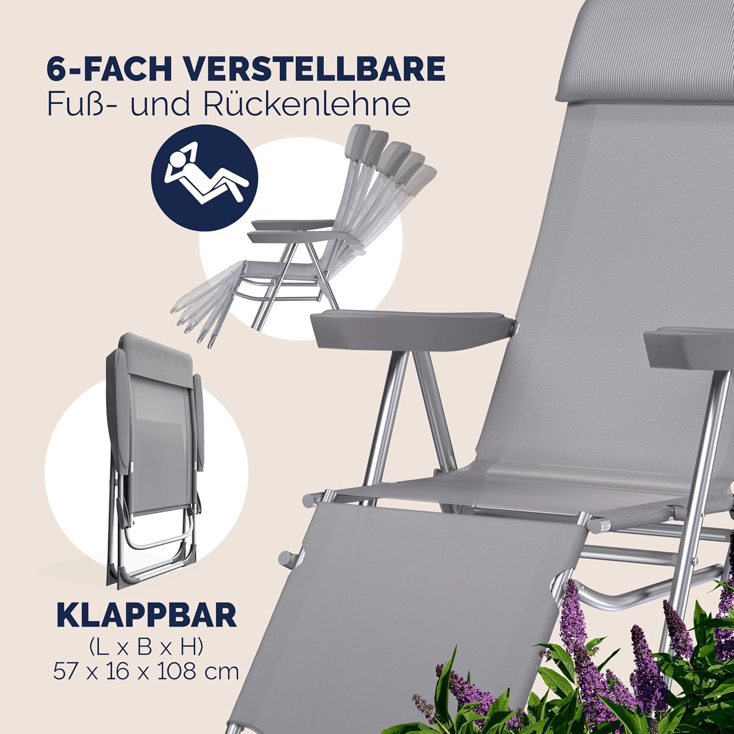 Casaria® Gartenstuhl mit Fußteil 2er Set 6fach Verstellbar Liegefunktion Alu Faltbar Klappbar Hohe Rückenlehne Campingstuhl Klappstuhl Hochlehner Grau — Ansicht 6