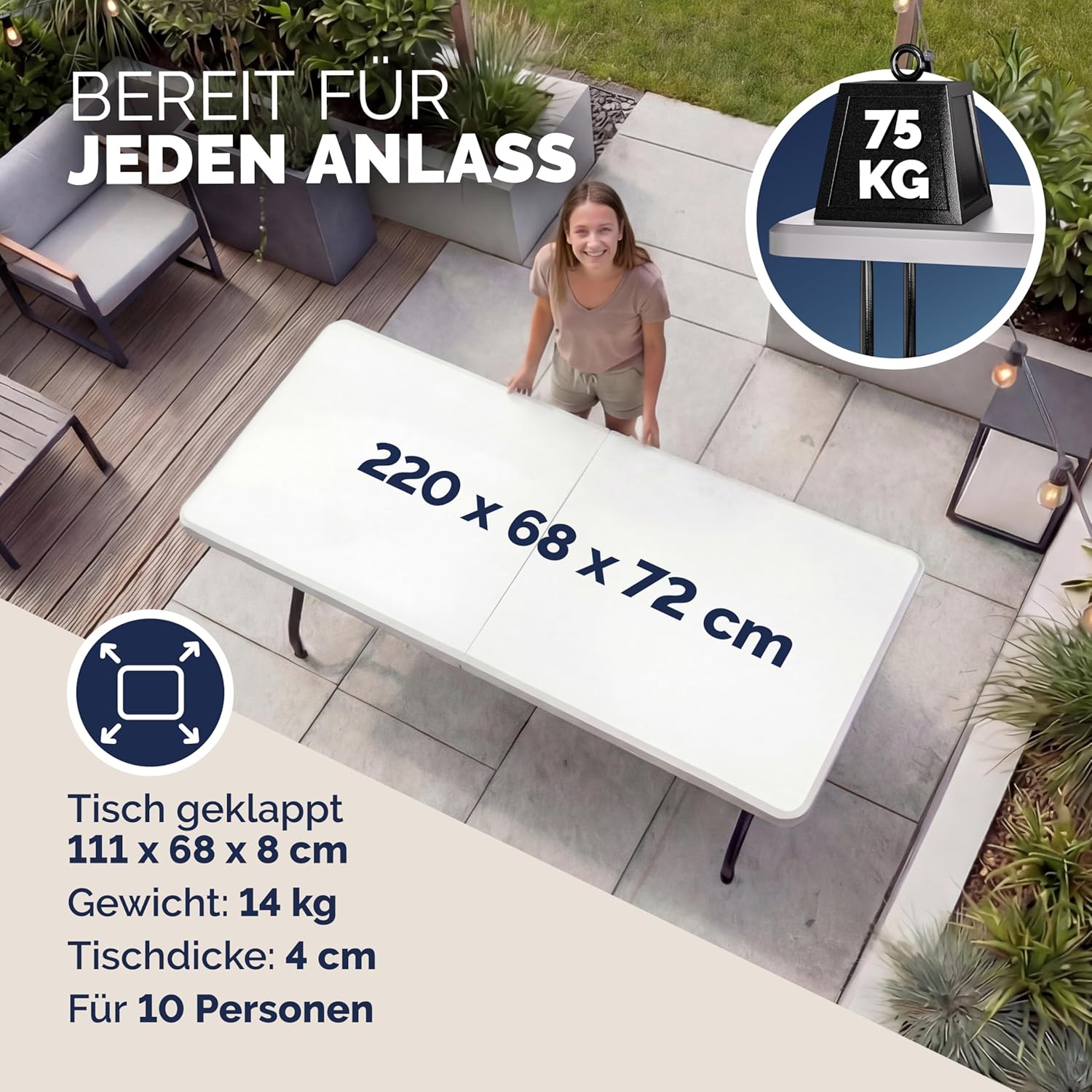 Casaria® Gartentisch Klappbar 220x70 cm für 10 Personen Wetterfest Kunststoff Stabil Tragegriff Garten Klapptisch Partytisch Esstisch Buffettisch Weiß — Ansicht 4