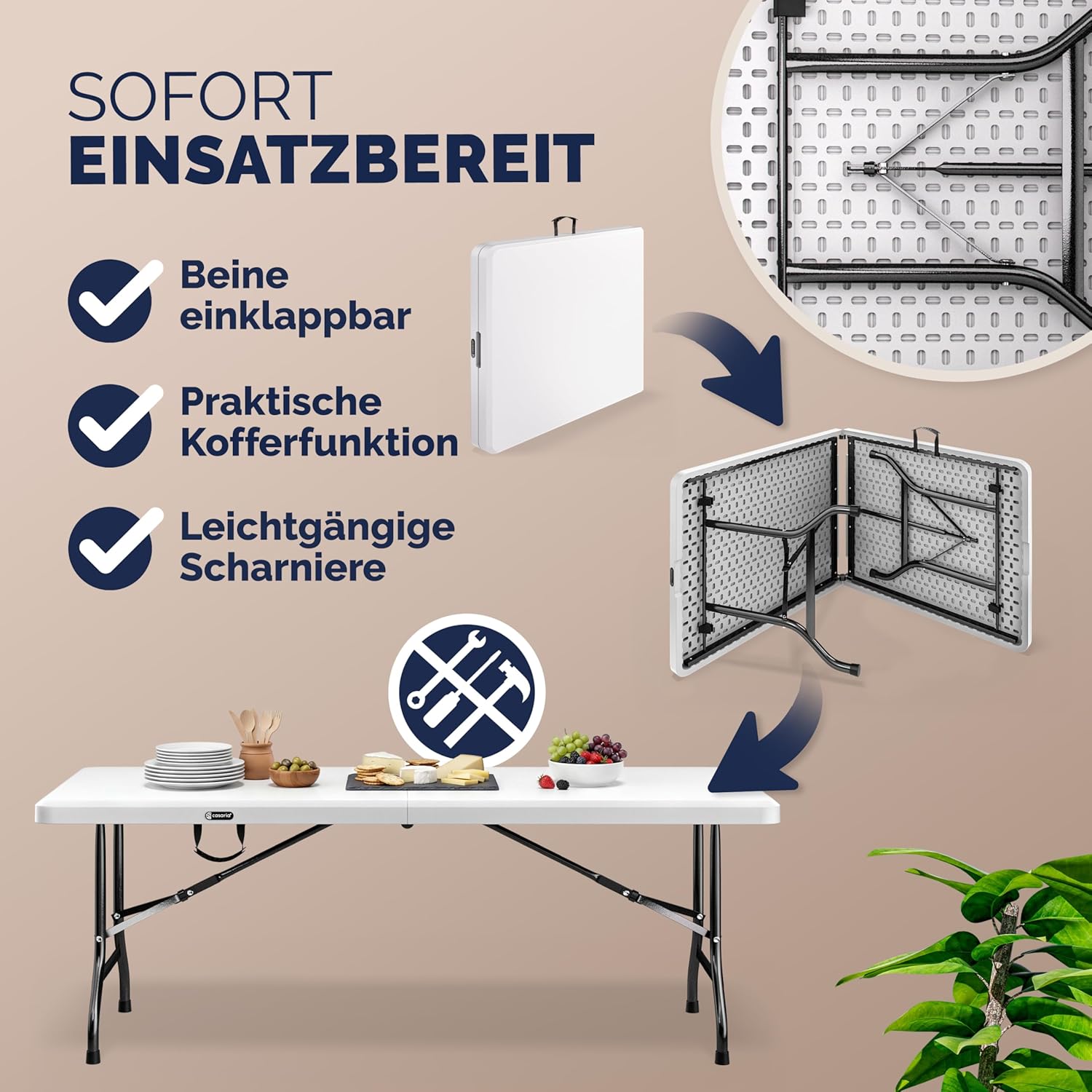 Casaria® Gartentisch Klappbar 220x70 cm für 10 Personen Wetterfest Kunststoff Stabil Tragegriff Garten Klapptisch Partytisch Esstisch Buffettisch Weiß — Ansicht 6