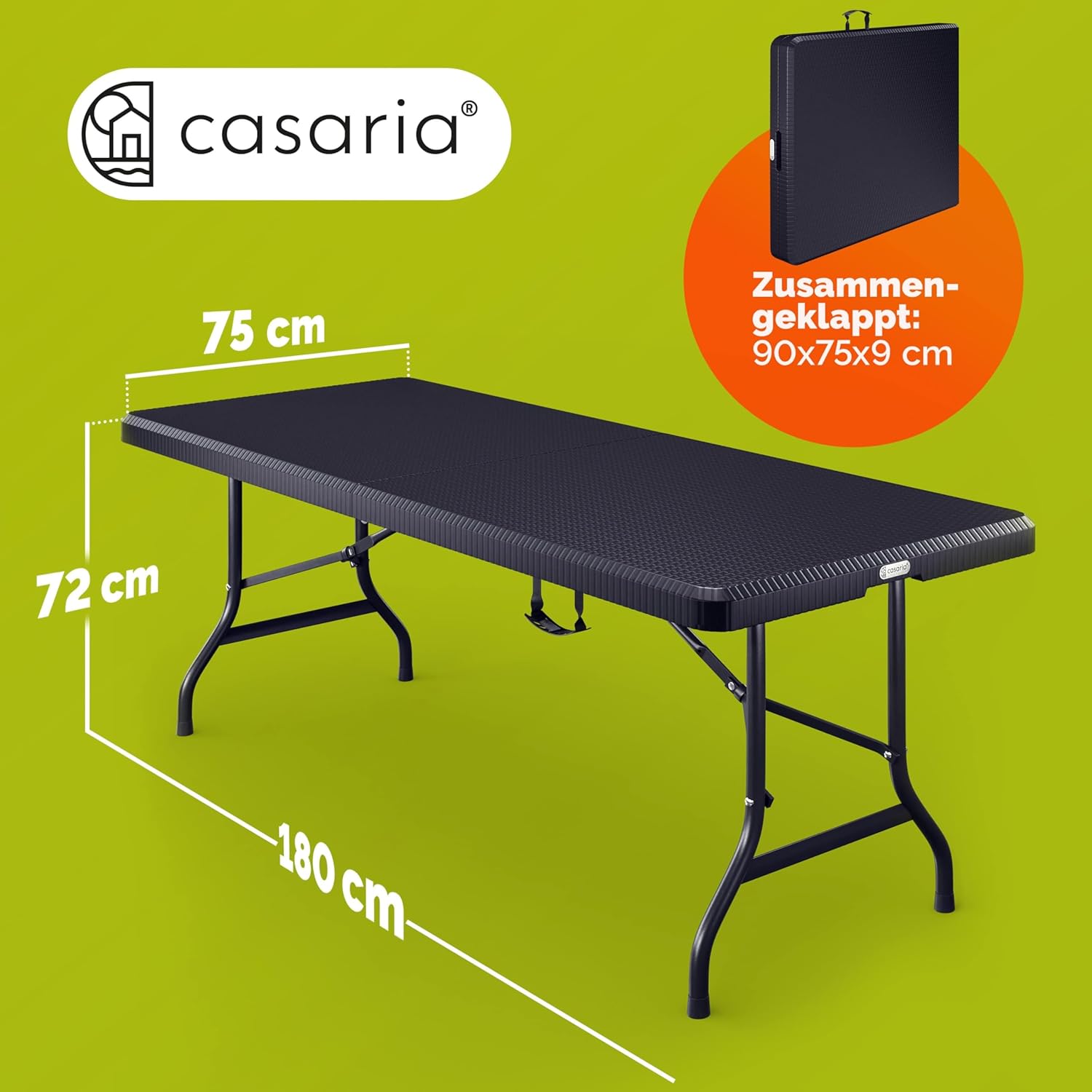 Casaria® Gartentisch klappbar Polyrattan Campingtisch 180x75cm Wetterfest Tragegriff Klapptisch Kunststoff Tisch Garten Balkon Camping Buffettisch Schwarz — Ansicht 3