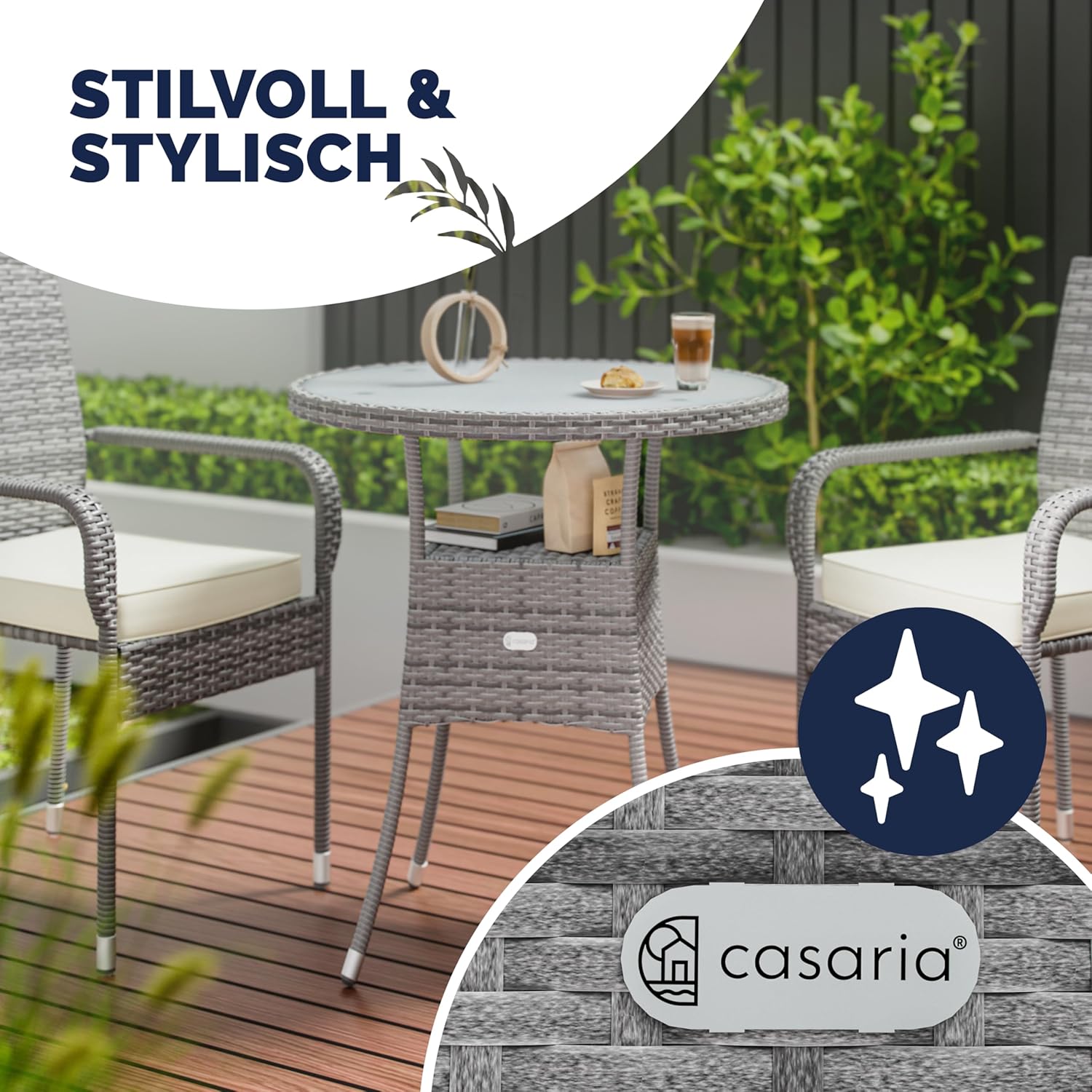Casaria® Gartentisch Polyrattan Wetterfest Rund Klein 60cm Grau Glas Tischplatte 80kg Belastbar Outdoor Terrasse Balkon Bistro Tisch Beistelltisch — Ansicht 5