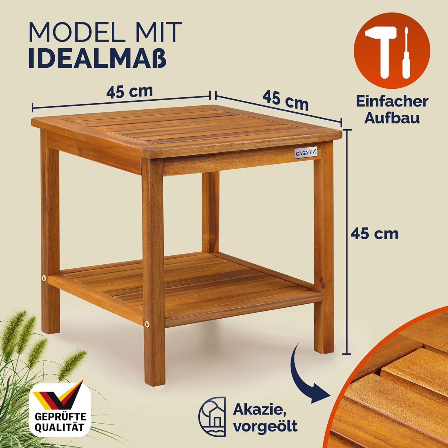Casaria® Gartentisch Wetterfest Holz 2 Ablageflächen FSC®-Zertifiziert 80kg Belastbarkeit 45x45cm Balkon Garten Tisch Beistelltisch Gartenmöbel Akazie — Ansicht 3