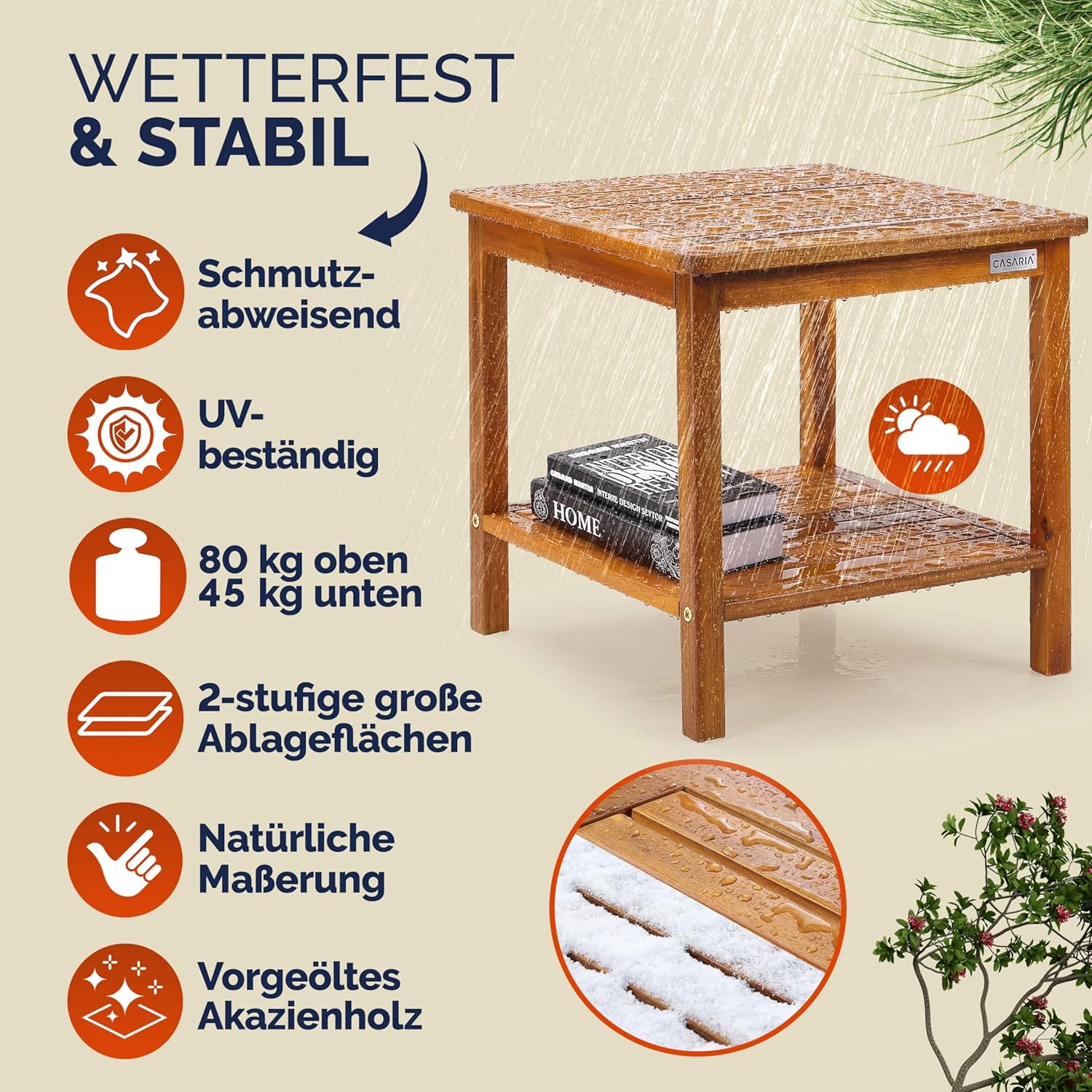 Casaria® Gartentisch Wetterfest Holz 2 Ablageflächen FSC®-Zertifiziert 80kg Belastbarkeit 45x45cm Balkon Garten Tisch Beistelltisch Gartenmöbel Akazie — Ansicht 4