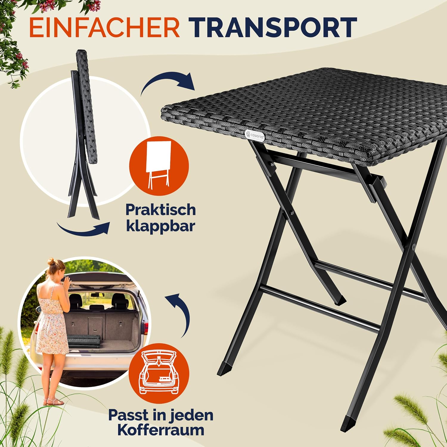 Casaria® Gartentisch Wetterfest Klappbar 65x65cm Balkontisch Polyrattan Outdoor 60kg Belastbarkeit Klapptisch Terrasse Balkon Camping Tisch Schwarz — Ansicht 4