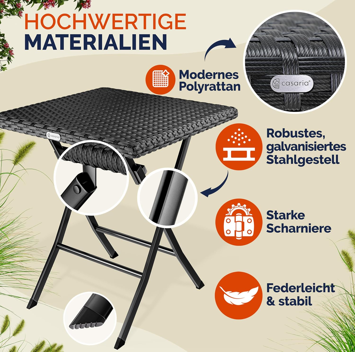 Casaria® Gartentisch Wetterfest Klappbar 65x65cm Balkontisch Polyrattan Outdoor 60kg Belastbarkeit Klapptisch Terrasse Balkon Camping Tisch Schwarz — Ansicht 6