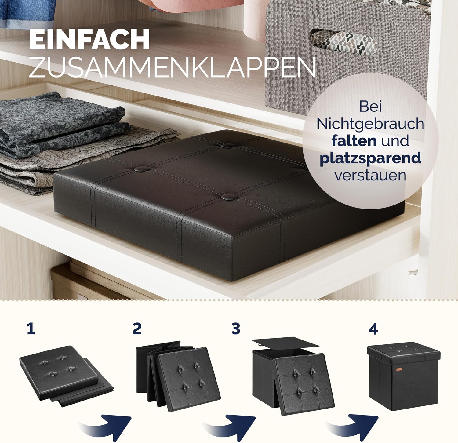 Casaria® Hocker mit Stauraum 2er Set Schwarz Faltbar Deckel Kunstleder Gepolstert 38x38cm Schlafzimmer Wohnzimmer Flur Sitzhocker Fußhocker Polsterhocker — Ansicht 6