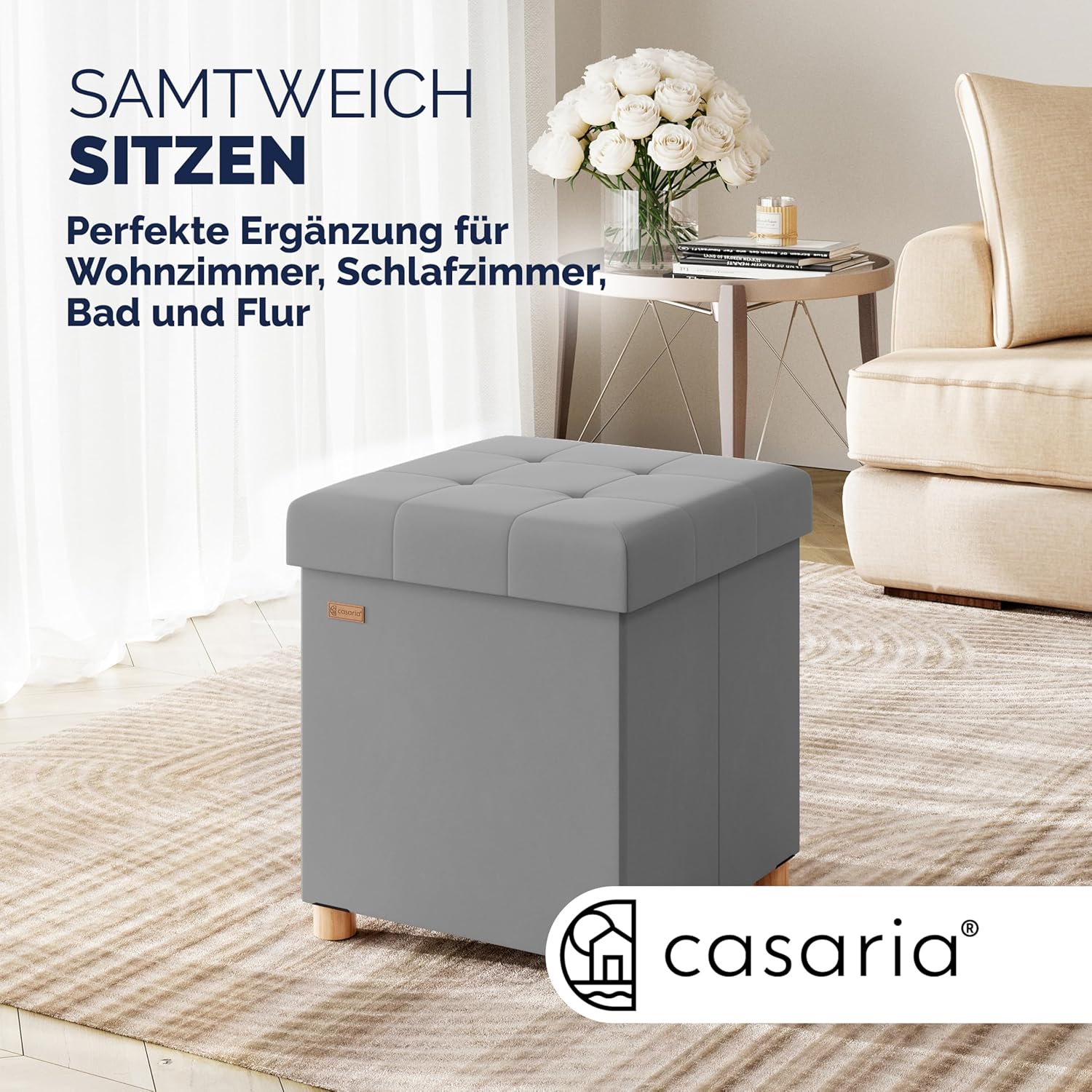 Casaria® Hocker mit Stauraum Samt Grau Faltbar inkl. Füßen 38x38cm 300kg Belastbarkeit Wohnzimmer Schlafzimmer Flur Sitzhocker Fußhocker Polsterhocker — Ansicht 2
