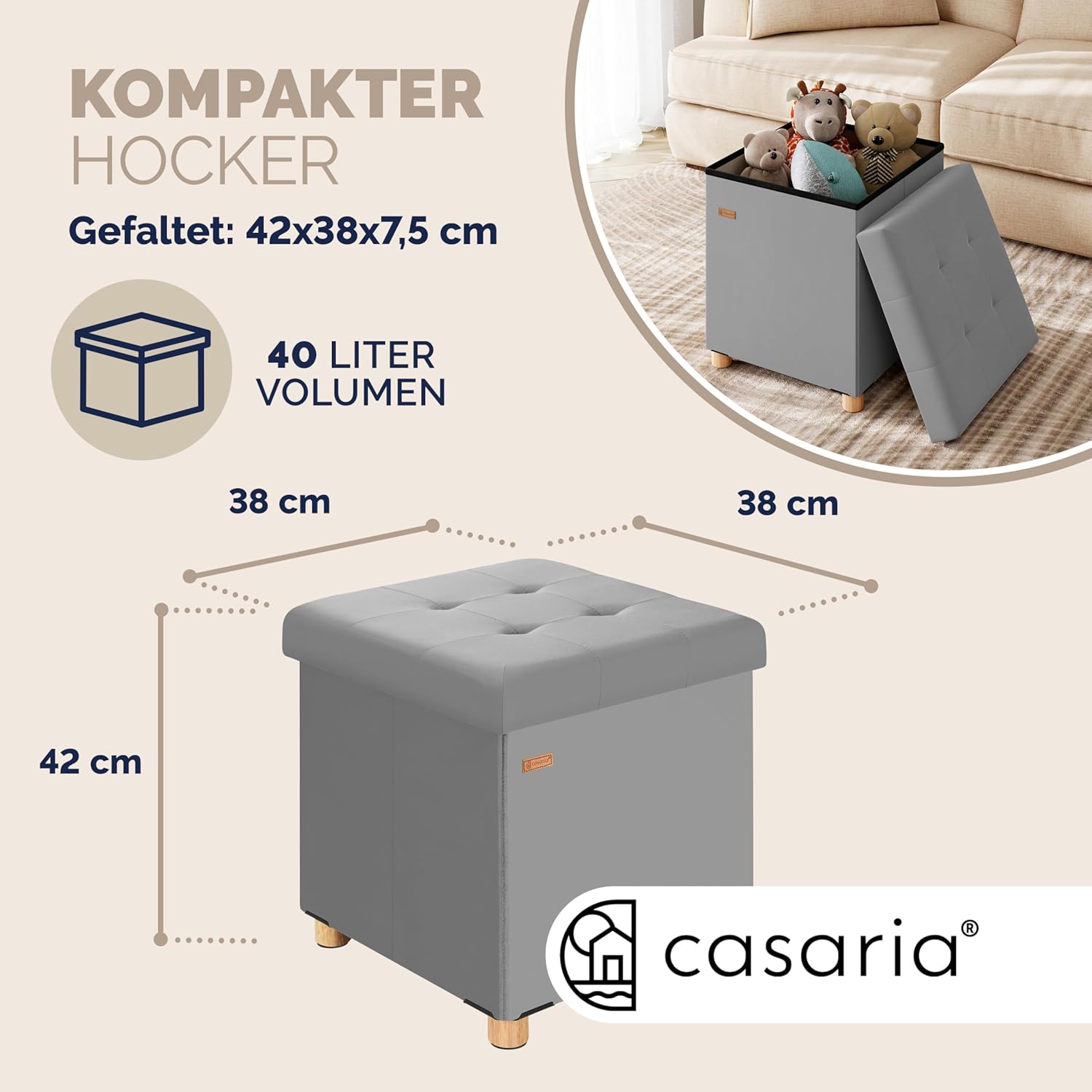 Casaria® Hocker mit Stauraum Samt Grau Faltbar inkl. Füßen 38x38cm 300kg Belastbarkeit Wohnzimmer Schlafzimmer Flur Sitzhocker Fußhocker Polsterhocker — Ansicht 3