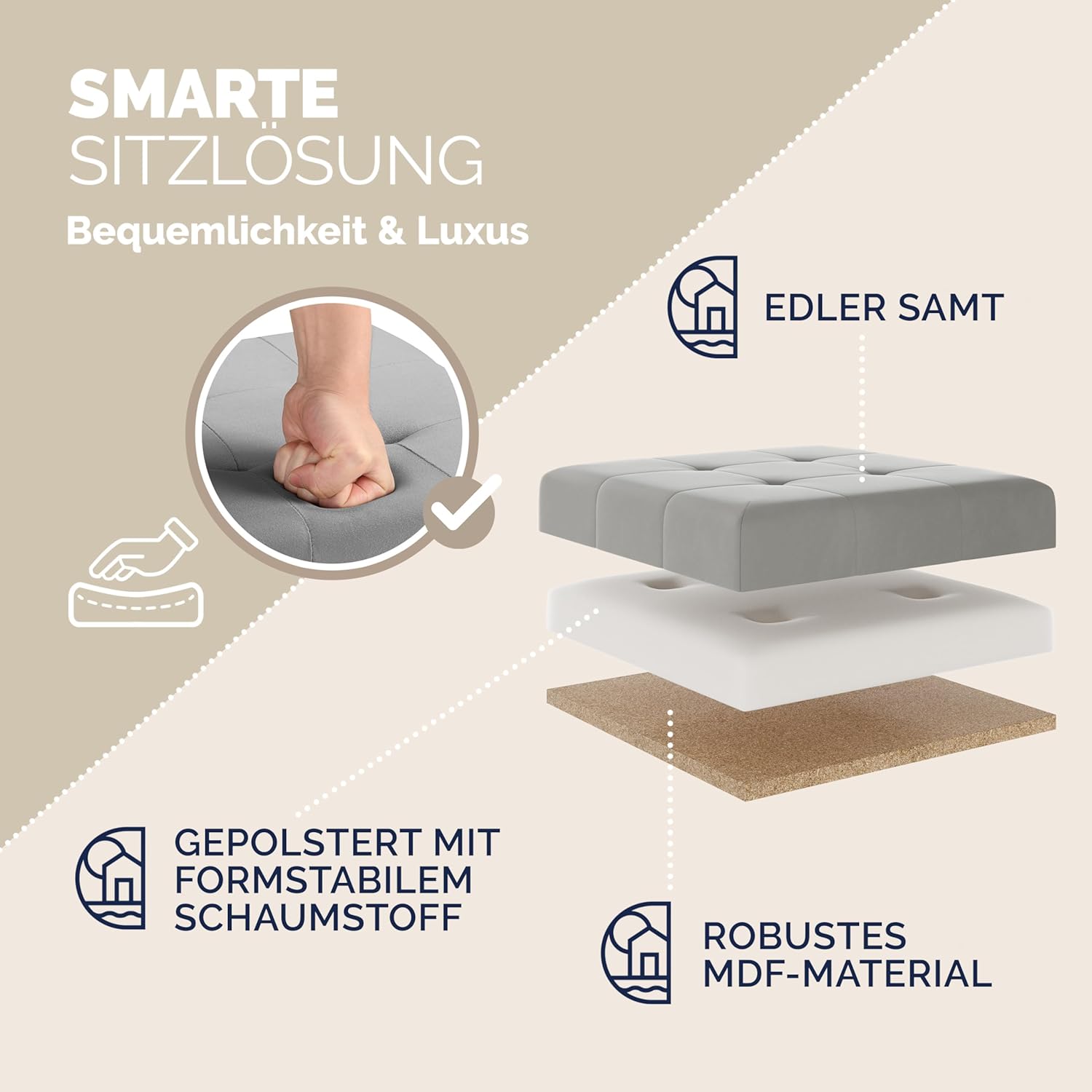 Casaria® Hocker mit Stauraum Samt Grau Faltbar inkl. Füßen 38x38cm 300kg Belastbarkeit Wohnzimmer Schlafzimmer Flur Sitzhocker Fußhocker Polsterhocker — Ansicht 4