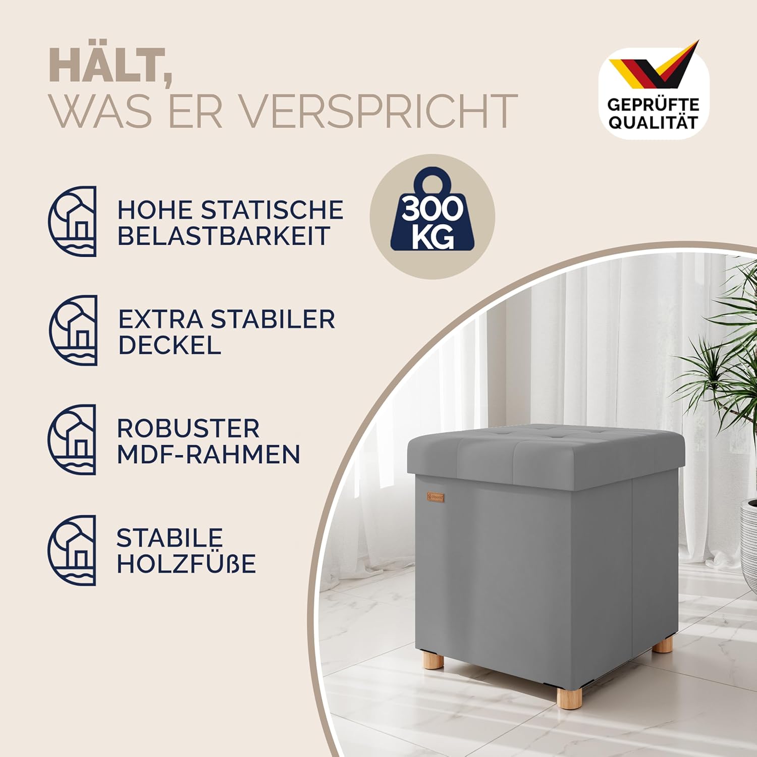 Casaria® Hocker mit Stauraum Samt Grau Faltbar inkl. Füßen 38x38cm 300kg Belastbarkeit Wohnzimmer Schlafzimmer Flur Sitzhocker Fußhocker Polsterhocker — Ansicht 5