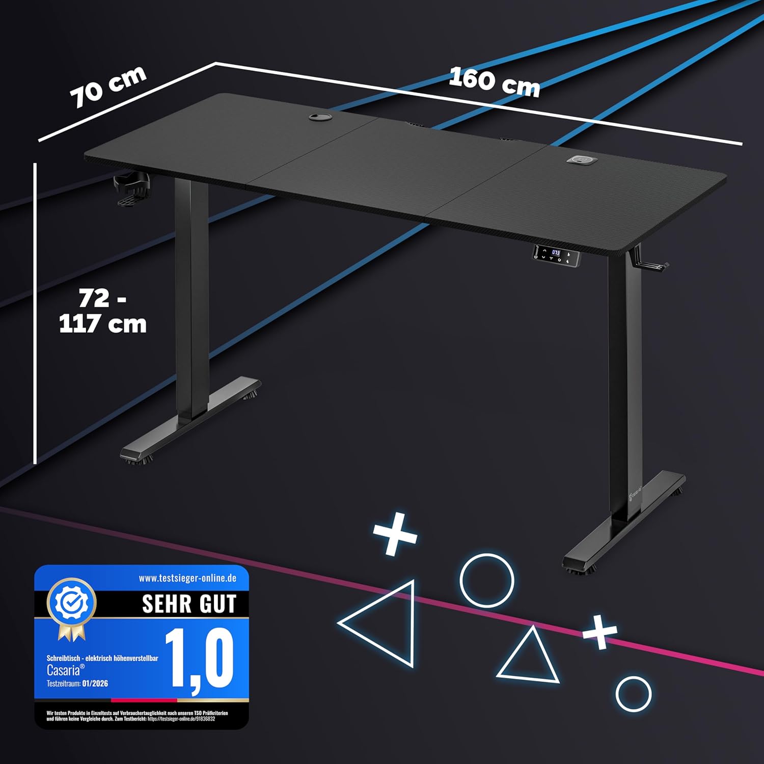 Casaria® Höhenverstellbarer Gaming Schreibtisch elektrisch 160 x 70 cm mit Wireless Charger & USB-C/A Anschluss LCD-Display Memory-Funktion 80 kg belastbar ergonomisch Gamer Carbon Optik — Ansicht 2