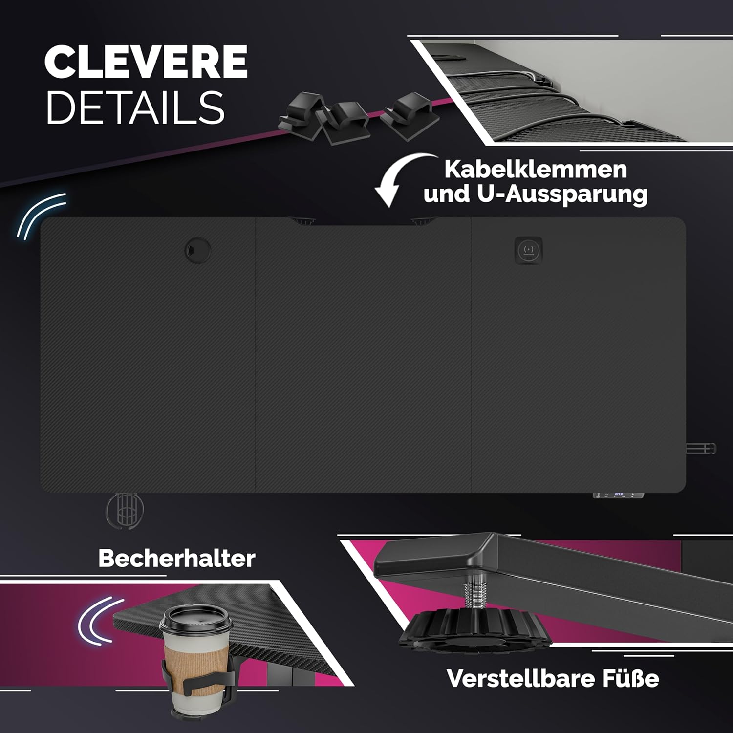 Casaria® Höhenverstellbarer Gaming Schreibtisch elektrisch 160 x 70 cm mit Wireless Charger & USB-C/A Anschluss LCD-Display Memory-Funktion 80 kg belastbar ergonomisch Gamer Carbon Optik — Ansicht 5