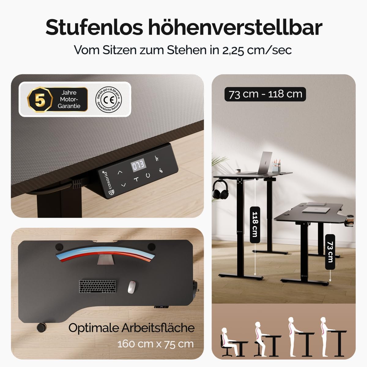 Casaria® Höhenverstellbarer Schreibtisch 160x75 cm elektrisch mit Kopfhörerhalter Tassenhalter Modern Büro Gaming PC Computer Tisch Schwarz Carbon-Optik — Ansicht 4