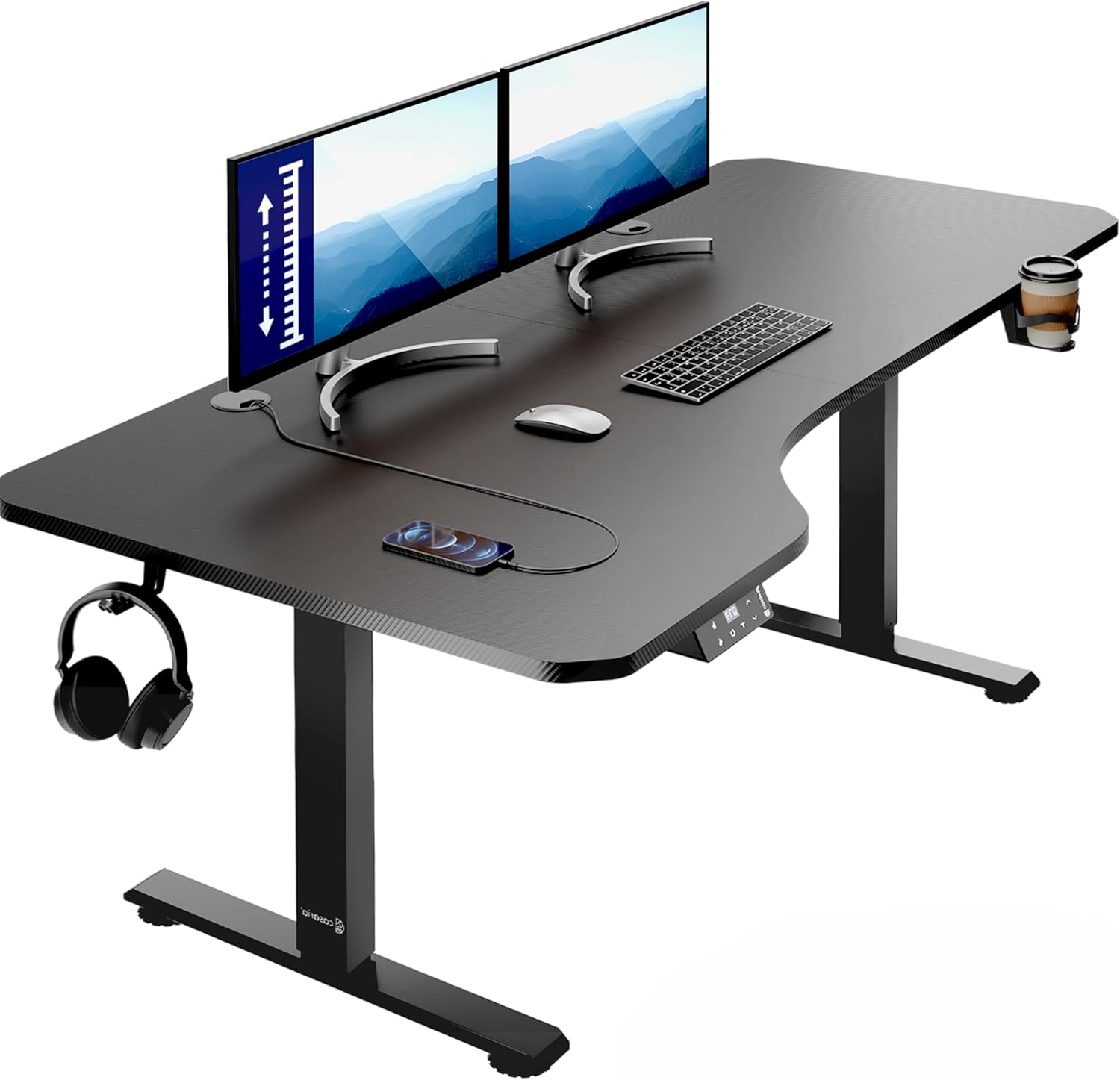 Casaria® Höhenverstellbarer Schreibtisch 160x75 cm elektrisch mit Kopfhörerhalter Tassenhalter Modern Büro Gaming PC Computer Tisch Schwarz Carbon-Optik