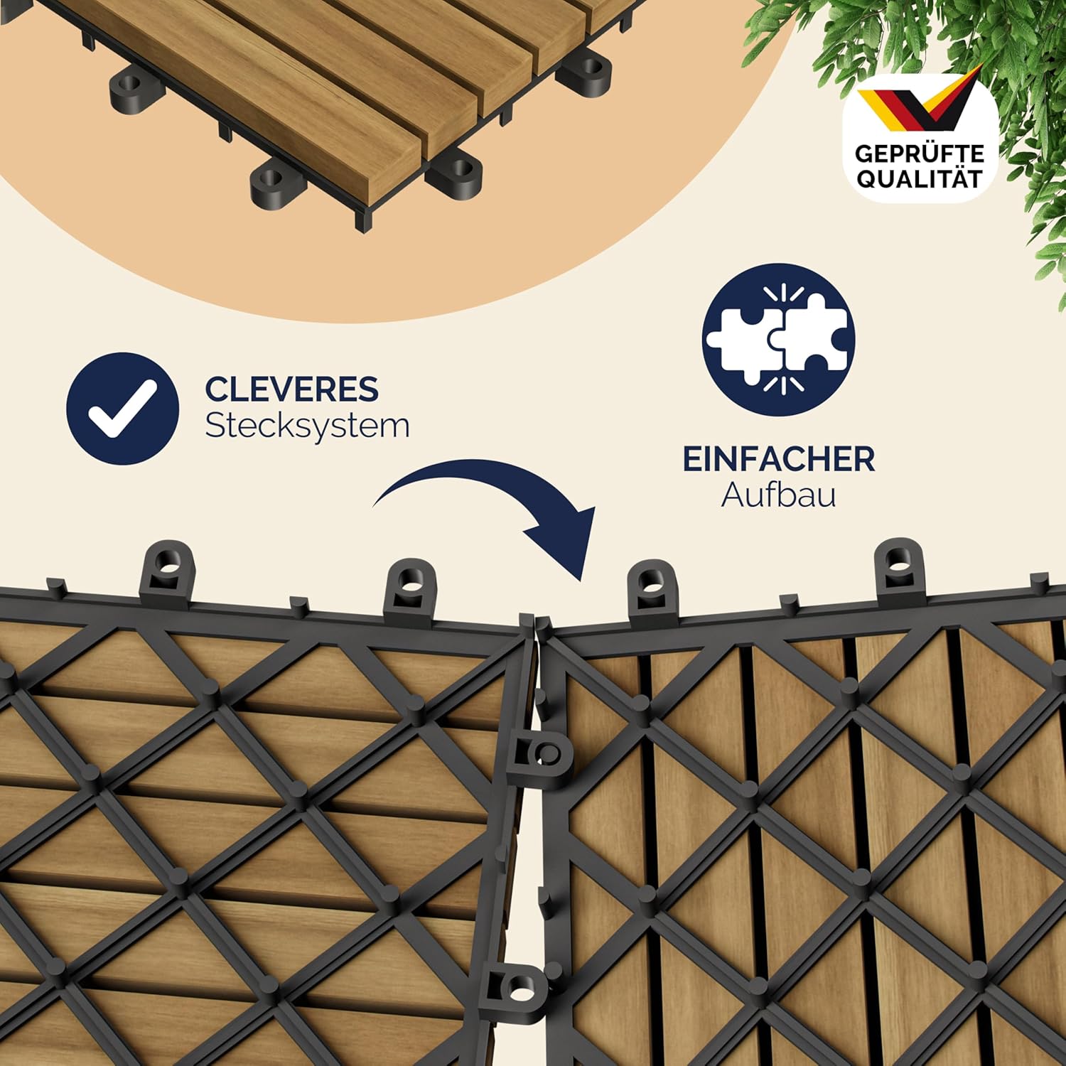 CASARIA® Holzfliesen FSC®-zertifiziertes Akazienholz 3m2 Fliese Akazie Quattro 30x30cm Klicksystem zuschneidbar Terrasse — Ansicht 3