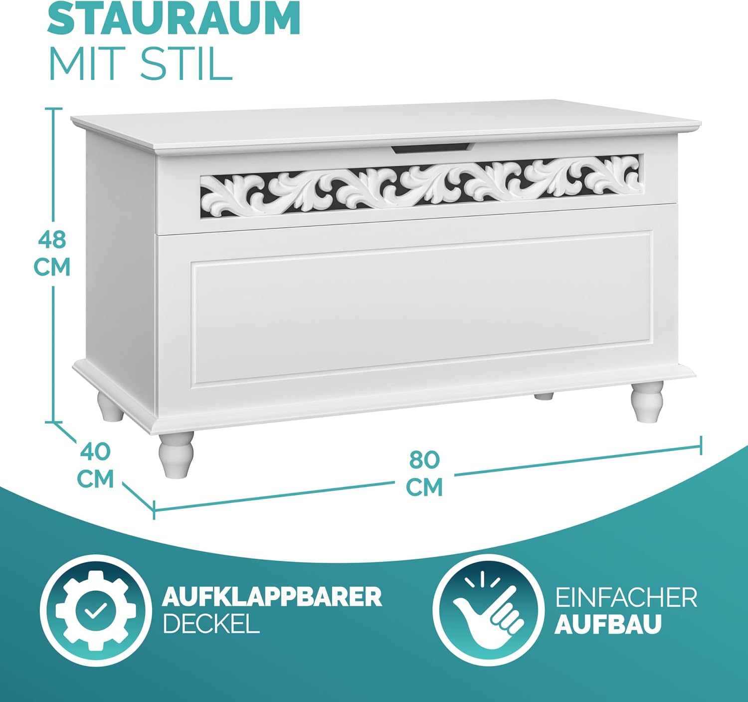 Casaria® Holztruhe Jersey mit Deckel groß klappbar XXL Stauraum Sitzbank Truhe Holzkiste Schatztruhe Box Schuhbank Truhenbank Wäschetruhe weiß 80x40cm — Ansicht 3