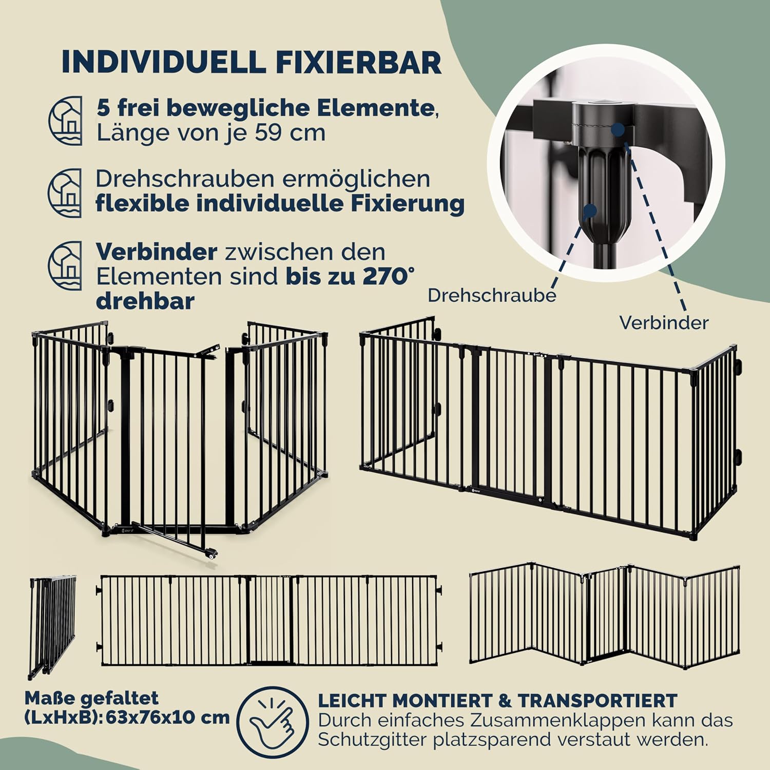CASARIA® Kaminschutzgitter Baby mit Sicherheitstür Metall ohne Bohren 306x76cm Hundegitter Kinderschutz Türschutzgitter Absperrgitter Schwarz — Ansicht 2