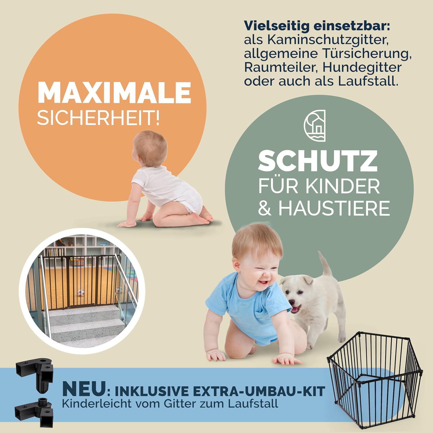 CASARIA® Kaminschutzgitter Baby mit Sicherheitstür Metall ohne Bohren 306x76cm Hundegitter Kinderschutz Türschutzgitter Absperrgitter Schwarz — Ansicht 3