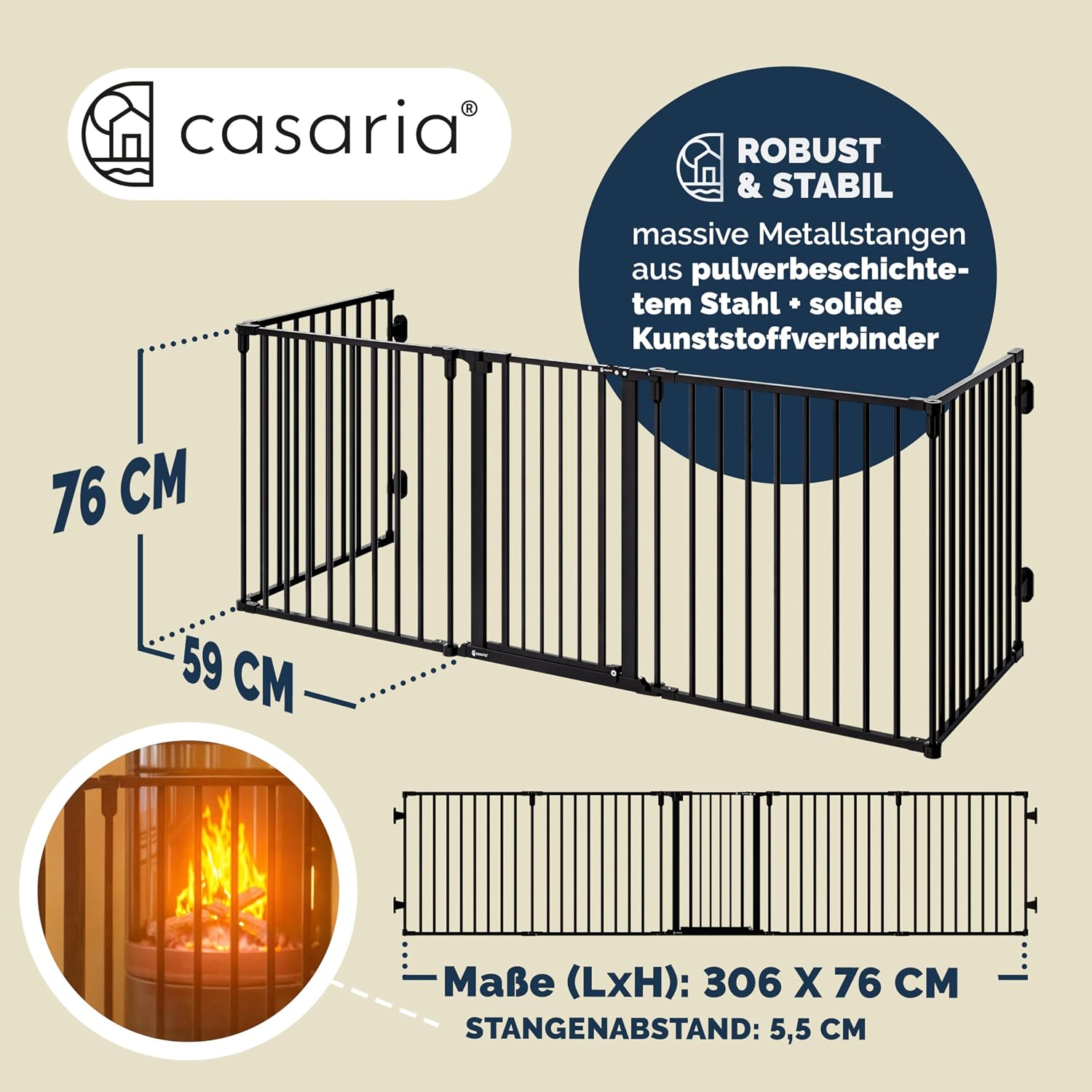 CASARIA® Kaminschutzgitter Baby mit Sicherheitstür Metall ohne Bohren 306x76cm Hundegitter Kinderschutz Türschutzgitter Absperrgitter Schwarz — Ansicht 6
