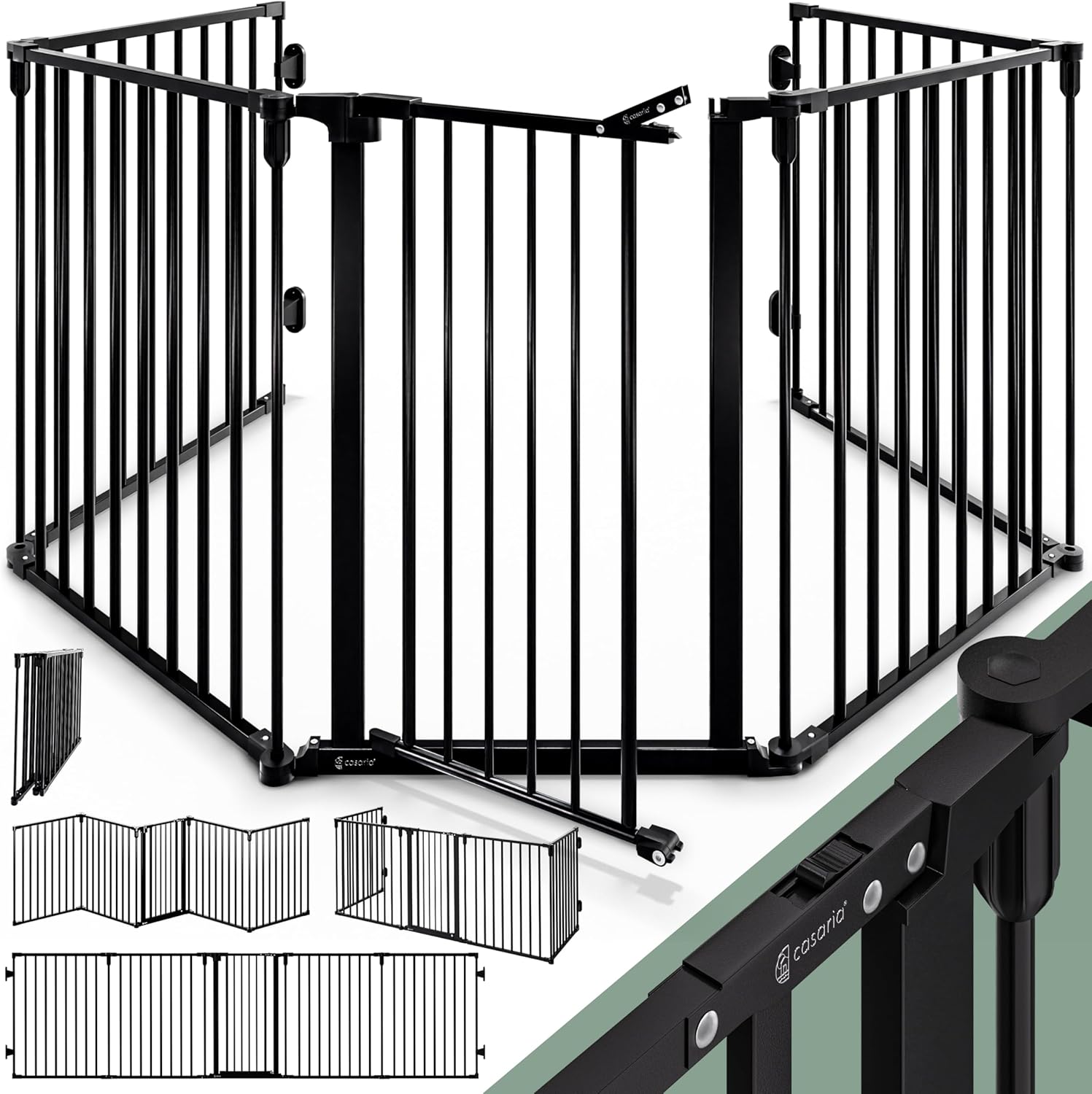 CASARIA® Kaminschutzgitter Baby mit Sicherheitstür Metall ohne Bohren 306x76cm Hundegitter Kinderschutz Türschutzgitter Absperrgitter Schwarz