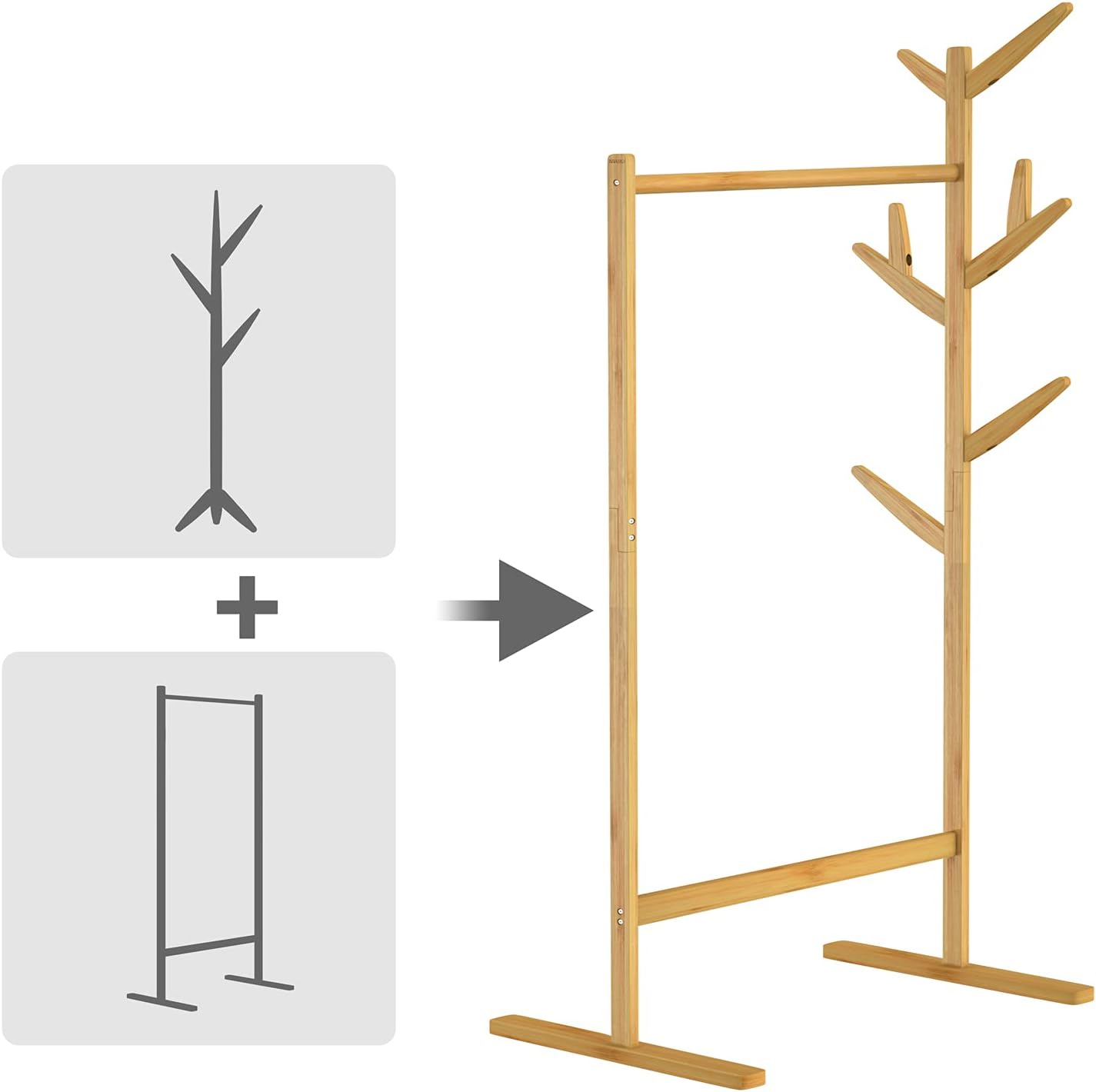 Casaria® Kleiderständer Holz Stabil Bambus Kleiderstange inkl. 8 Haken Offen Freistehend Garderobenständer 165x65cm Schmal Schlafzimmer Flur Garderobe — Ansicht 3